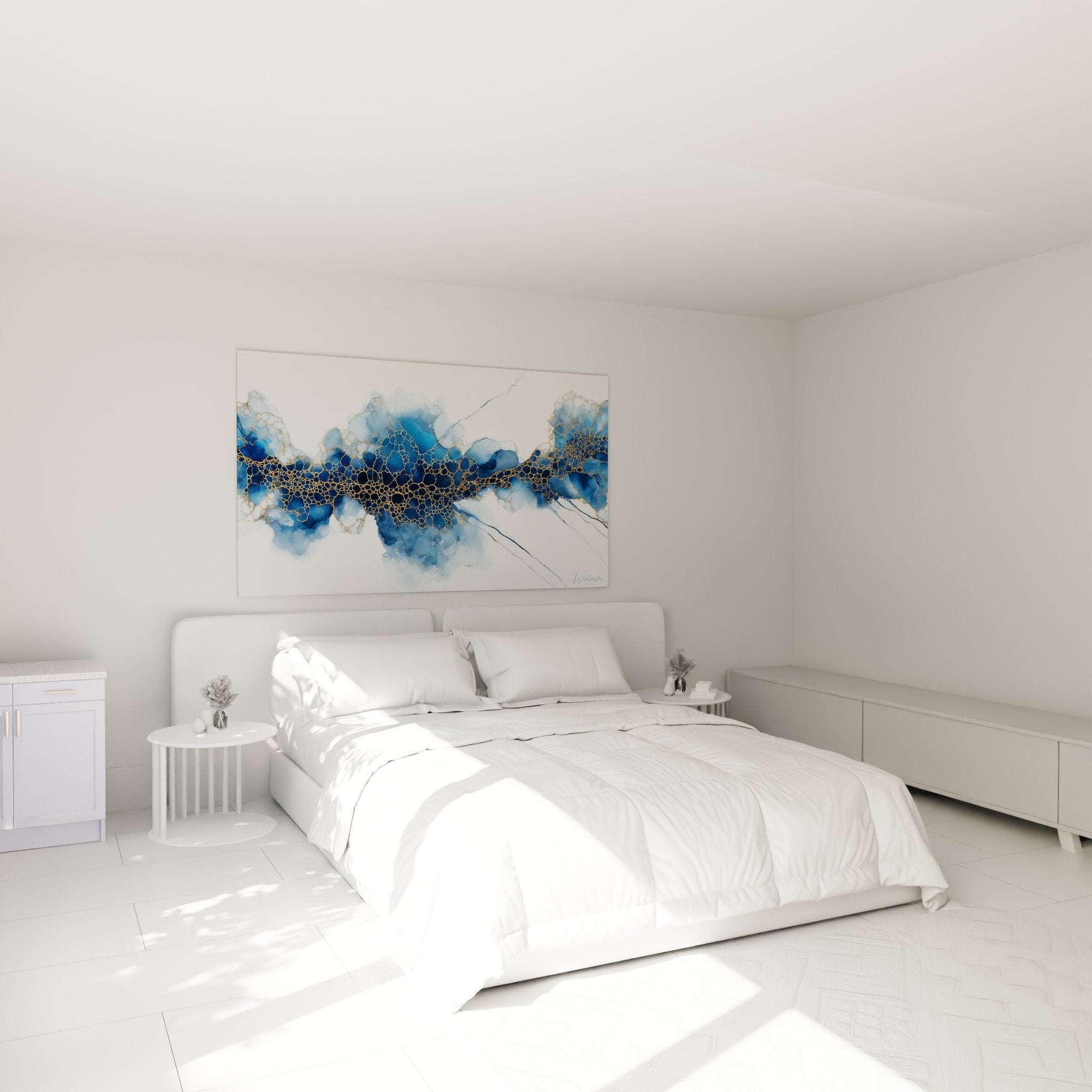 decoration chambre tableau abstrait bleu dore ambiance sereine elegante