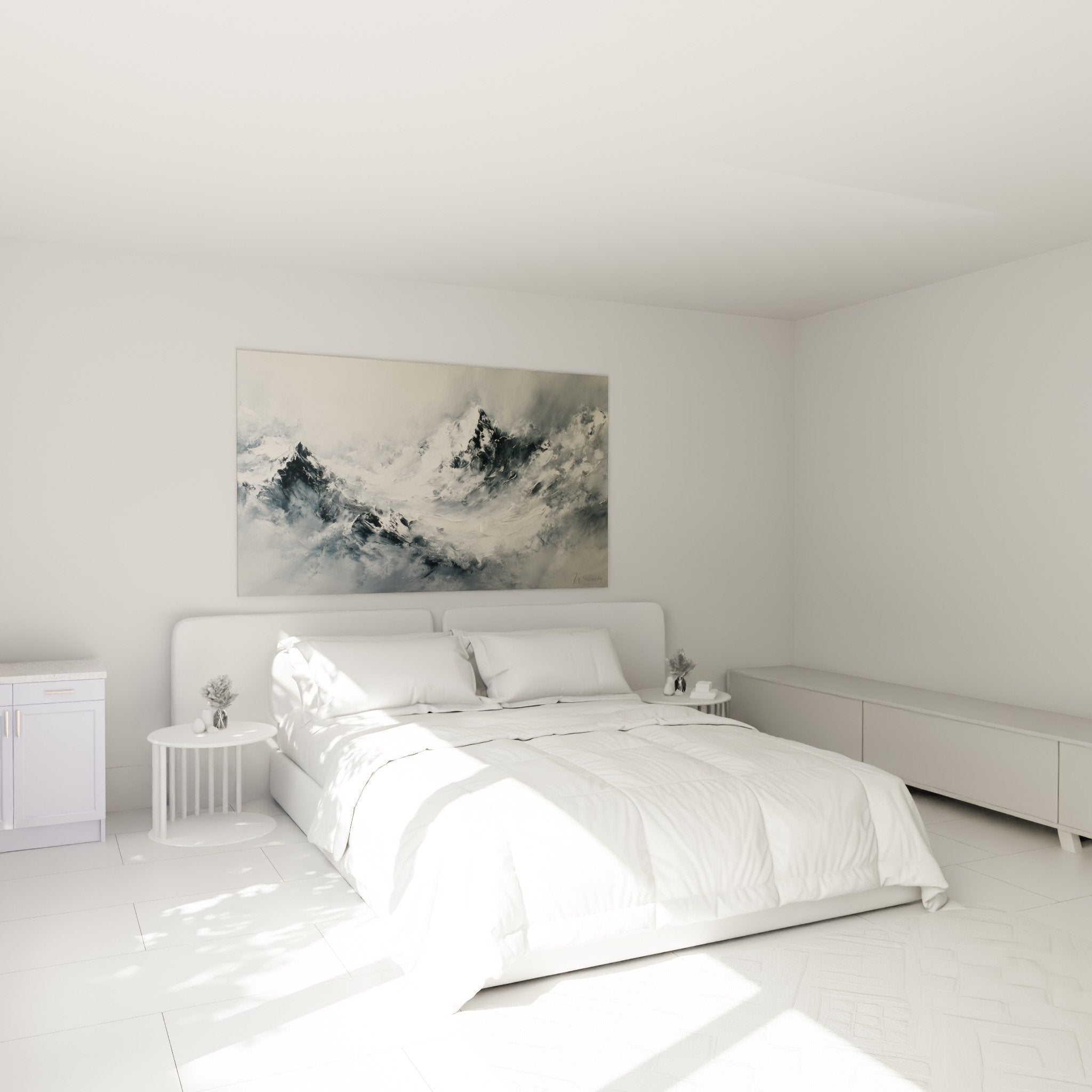 Mountain landscape wall art with misty fog gray white feng shui west metal element calming ambiance