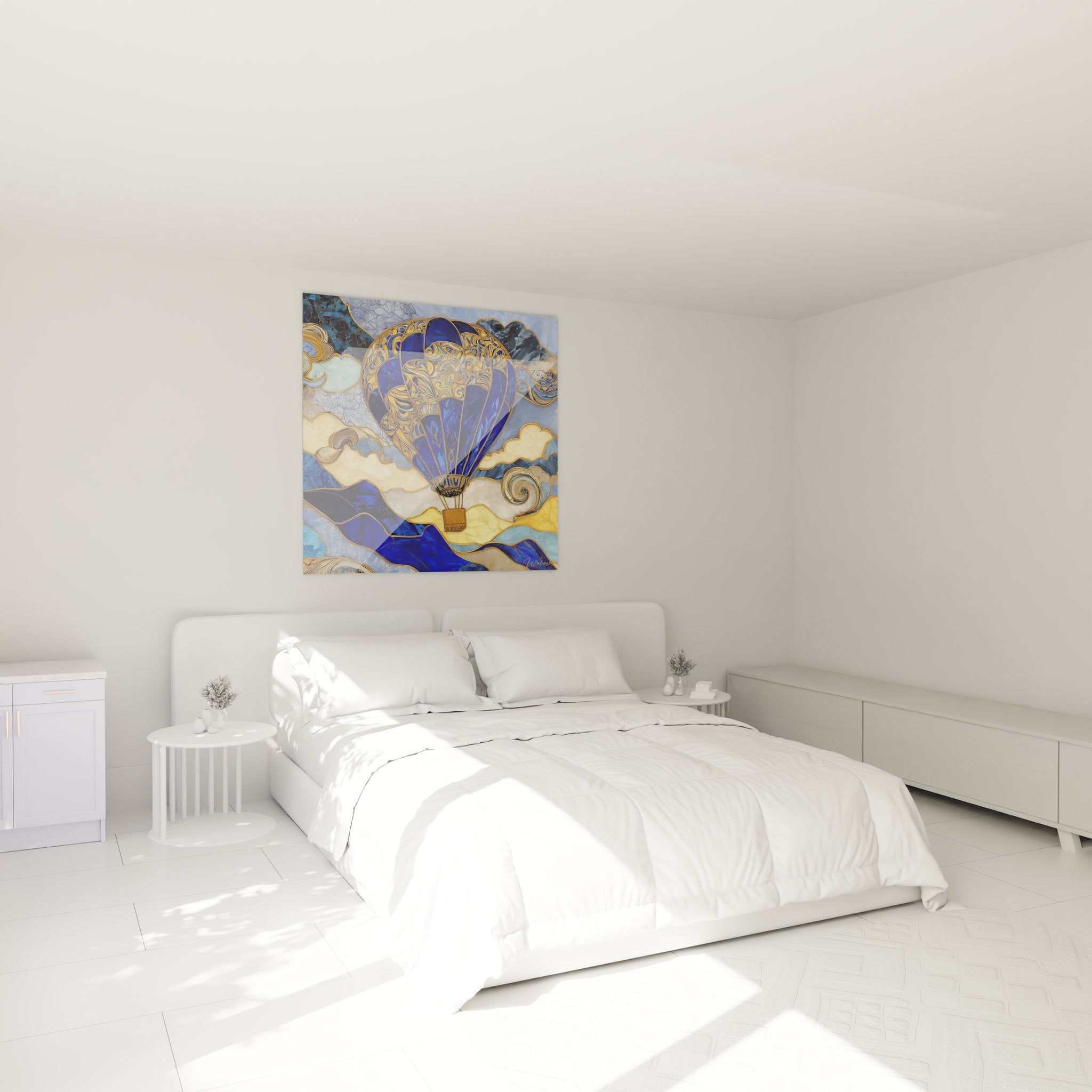 Décoration chambre tableau montgolfière art nouveau bleu élégant ambiance vintage raffinée