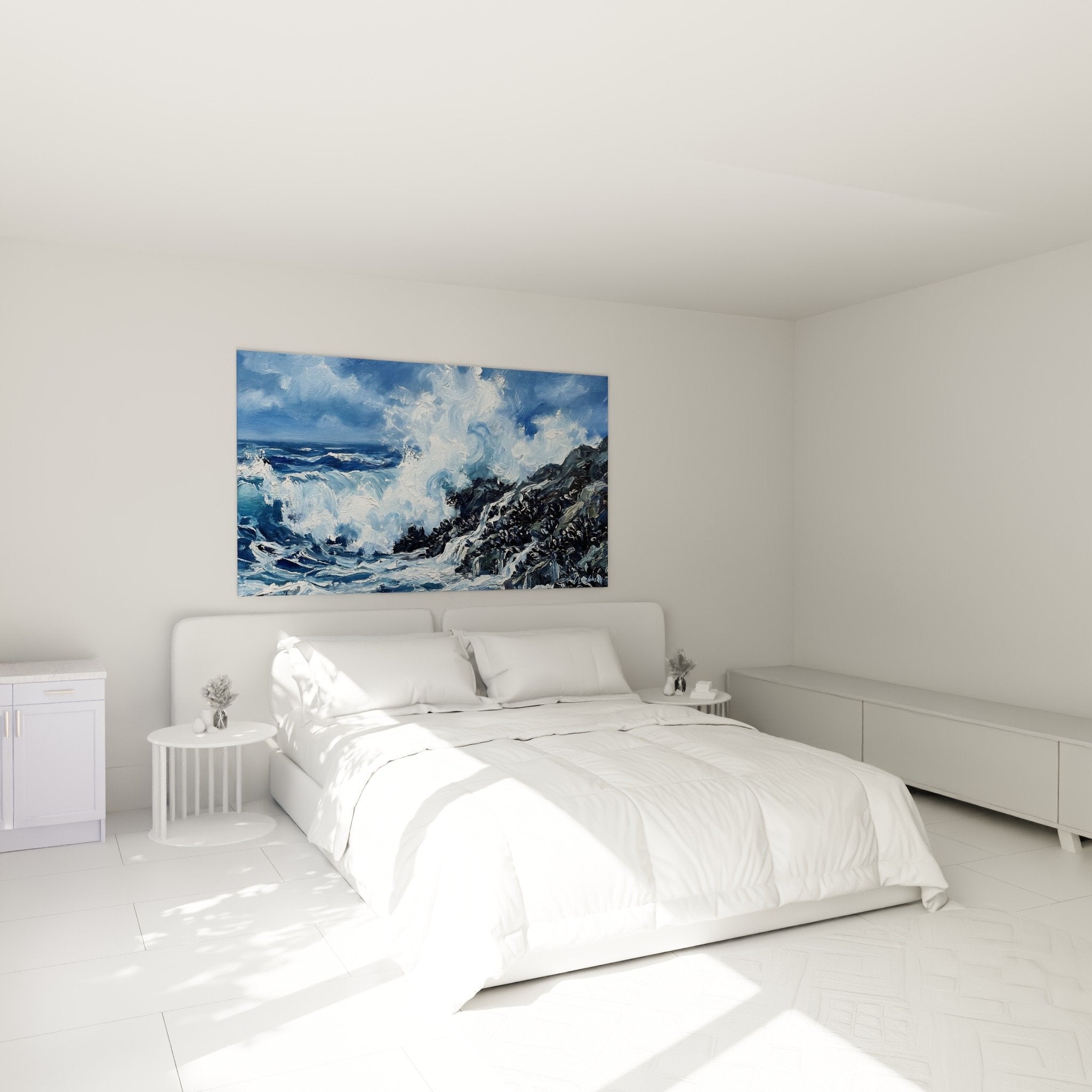 Schlafzimmer Dekoration Gemälde gegossene marine blaugrau Küstenambiente beruhigende Wellen Gischt