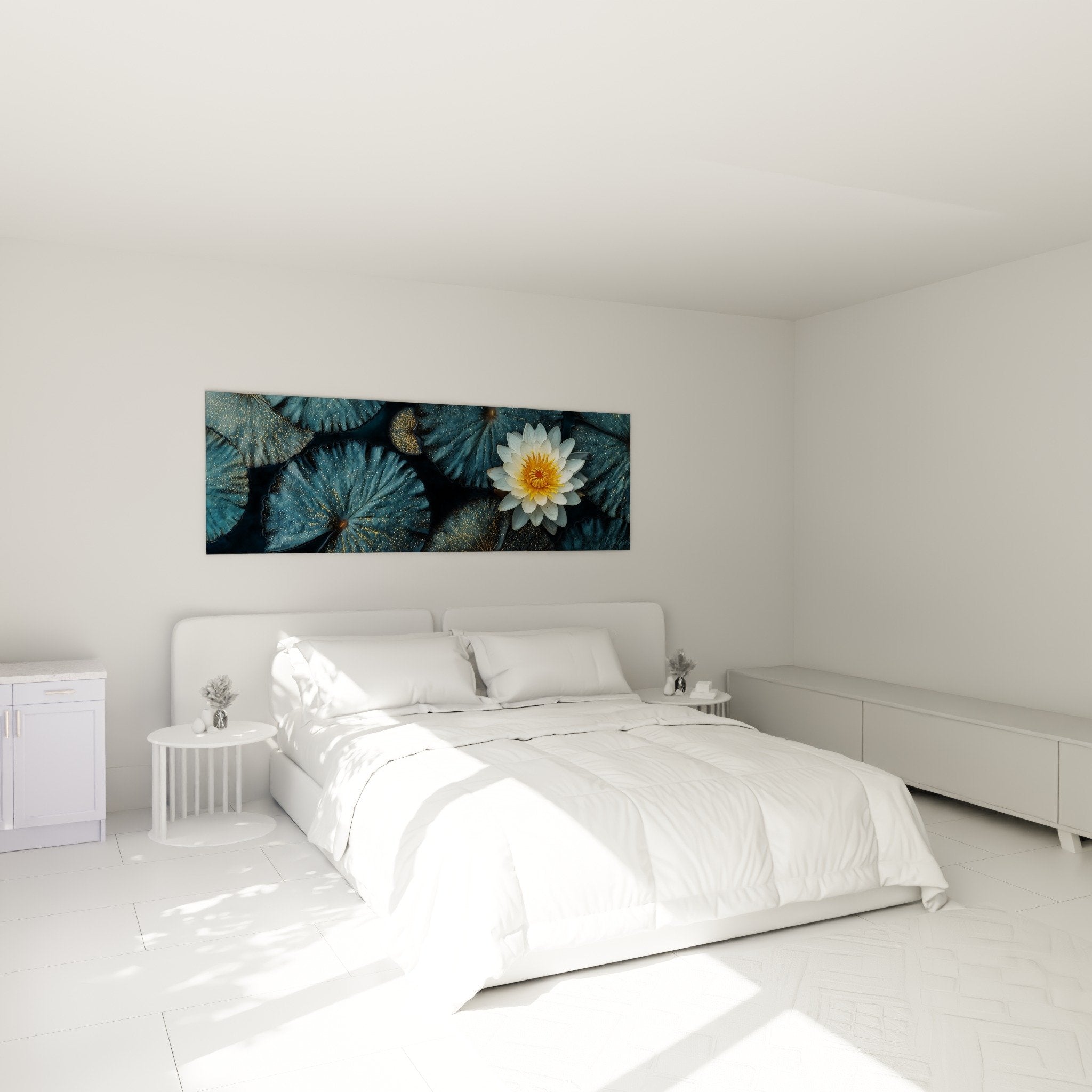 Bedroom wall art water lily lotus flower white blue gold zen peaceful ambiance decoration