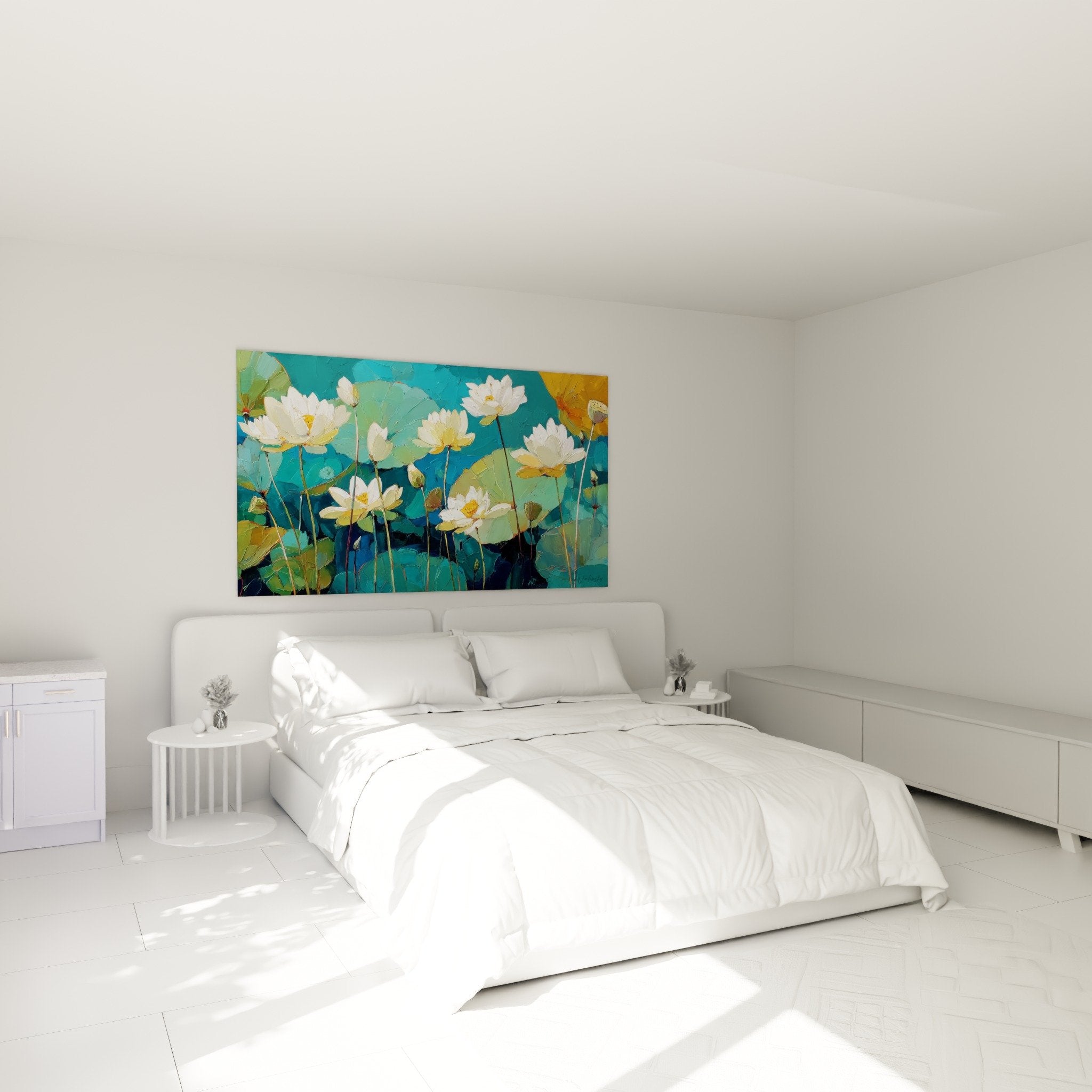 Décoration chambre avec tableau nénuphars blancs turquoise, ambiance zen et apaisante, art mural floral