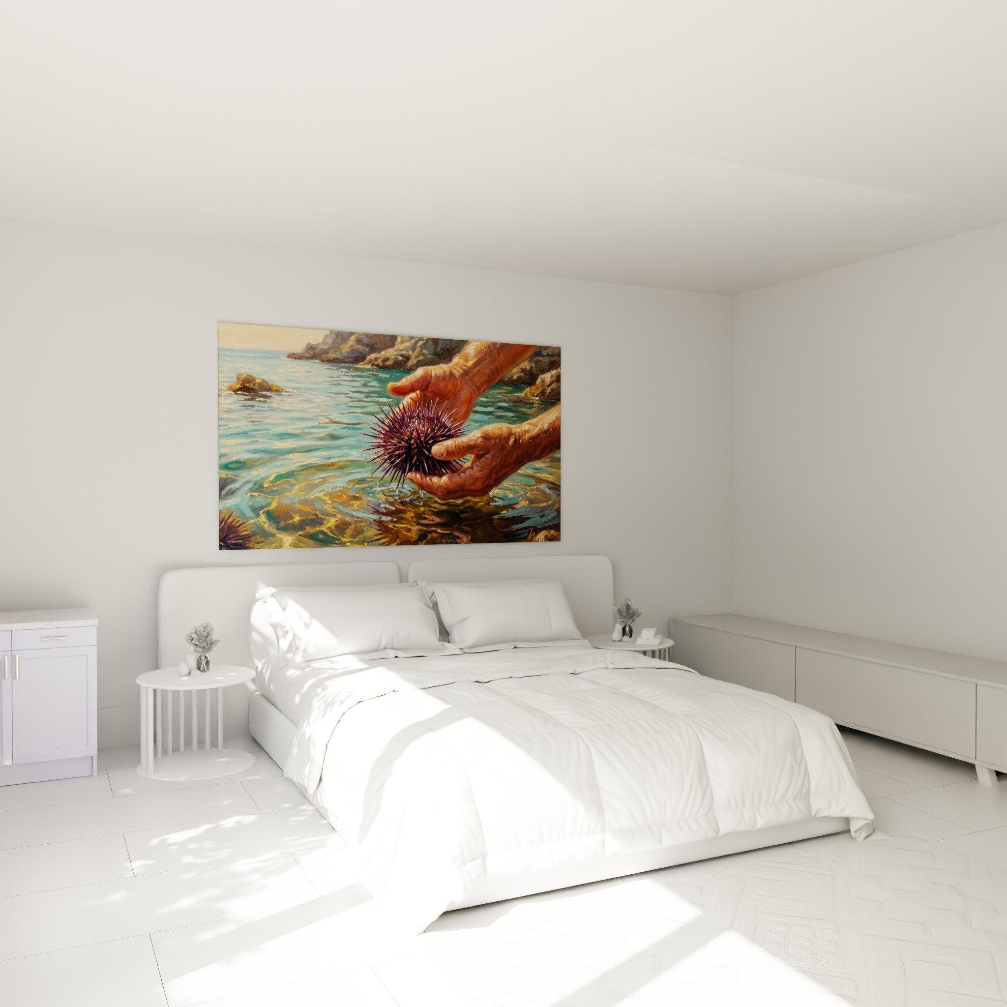 Décoration chambre tableau oursin violet mains protectrices, ambiance marine apaisante tons turquoise