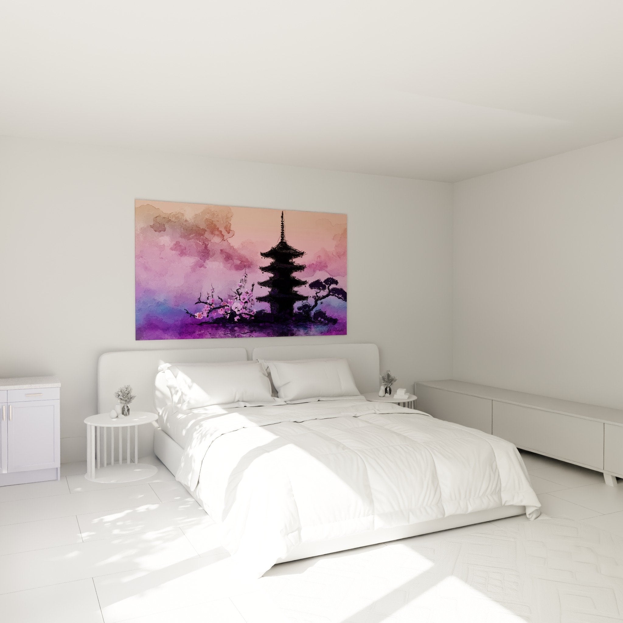 Decoration chambre tableau pagode japonaise tons roses violets ambiance zen orientale apaisante