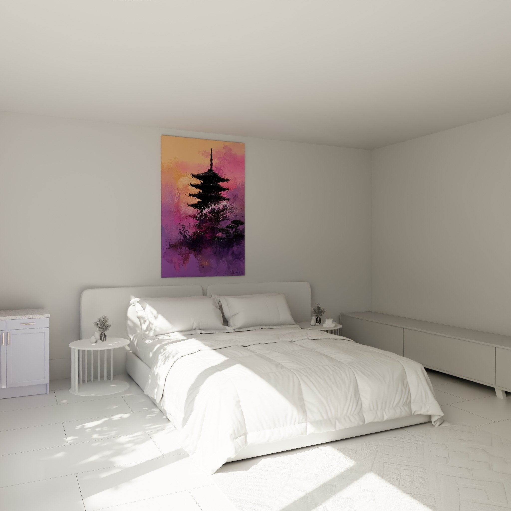 Bedroom wall art pagoda painting pink purple zen Japanese watercolor ambiance