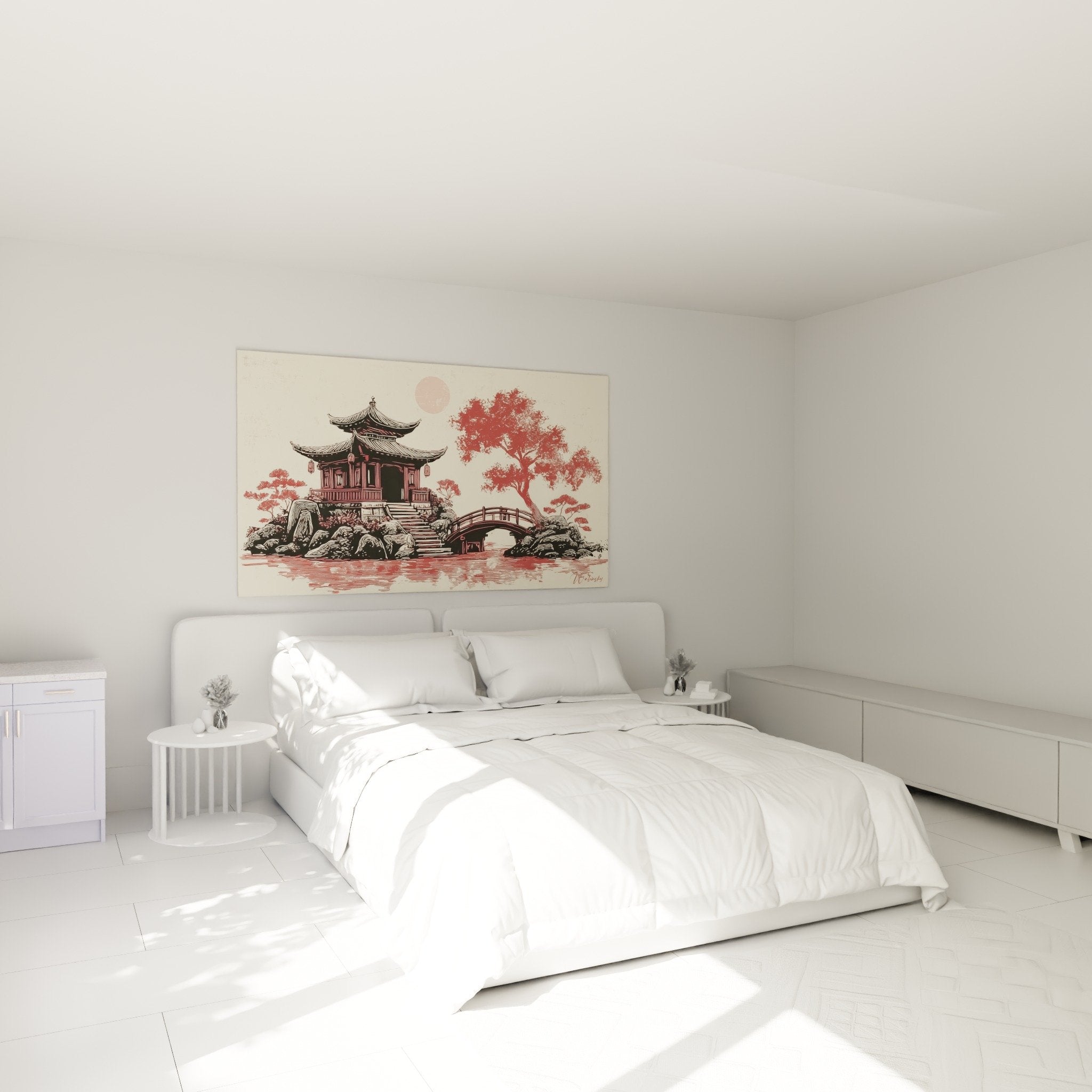 decoration chambre tableau pagode temple asiatique rouge bordeaux ambiance zen apaisante mur beige