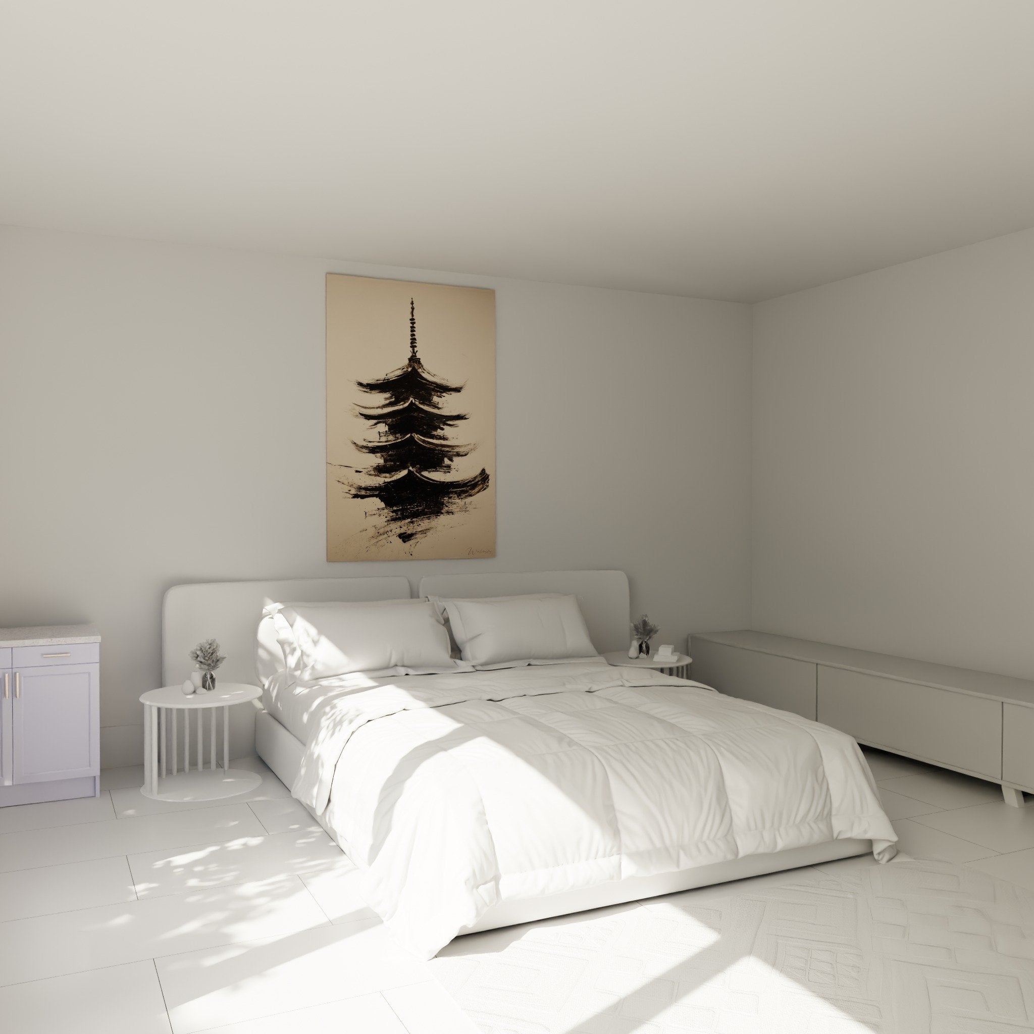 Black ink pagoda wall art bedroom decoration zen calm atmosphere