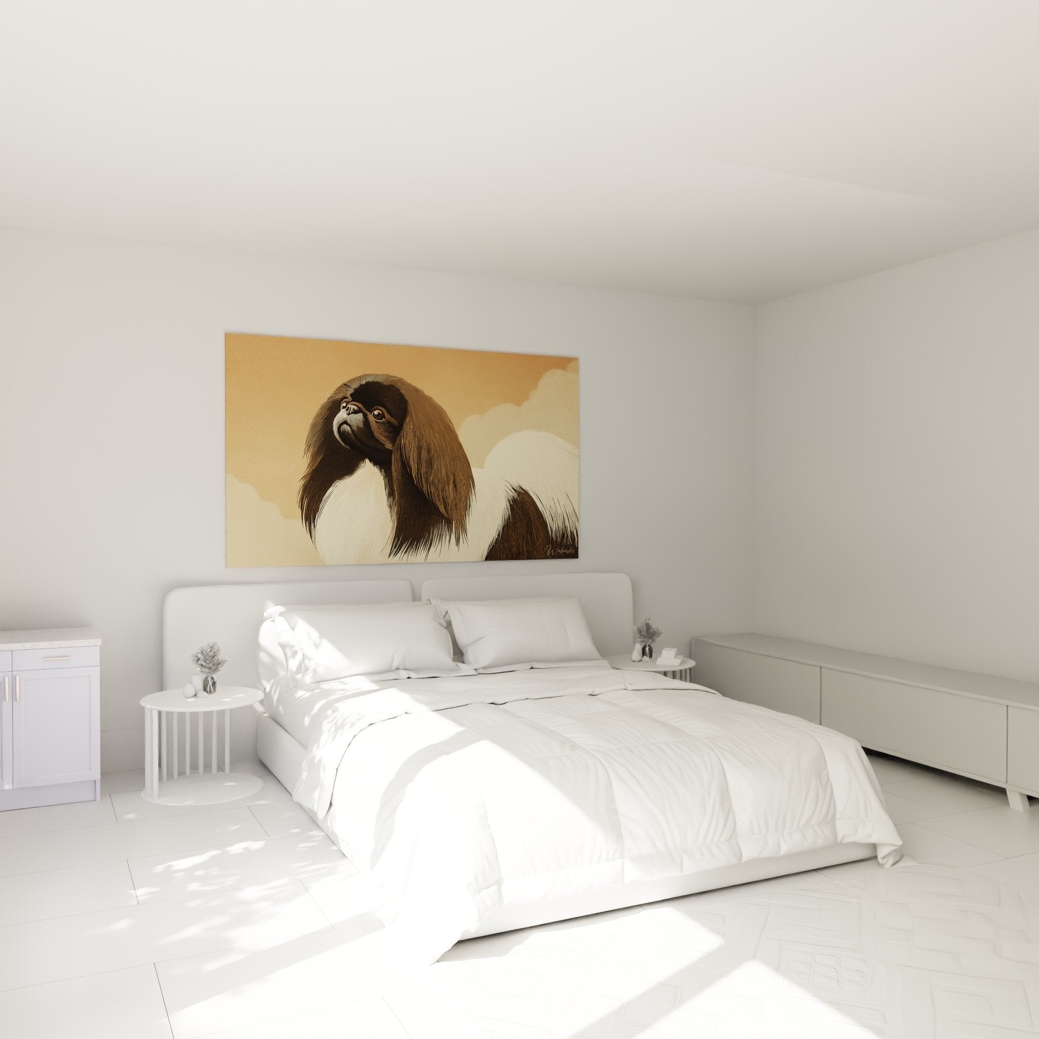 decorazione camera quadro pechinese elegante toni beige neutri atmosfera rilassante accogliente