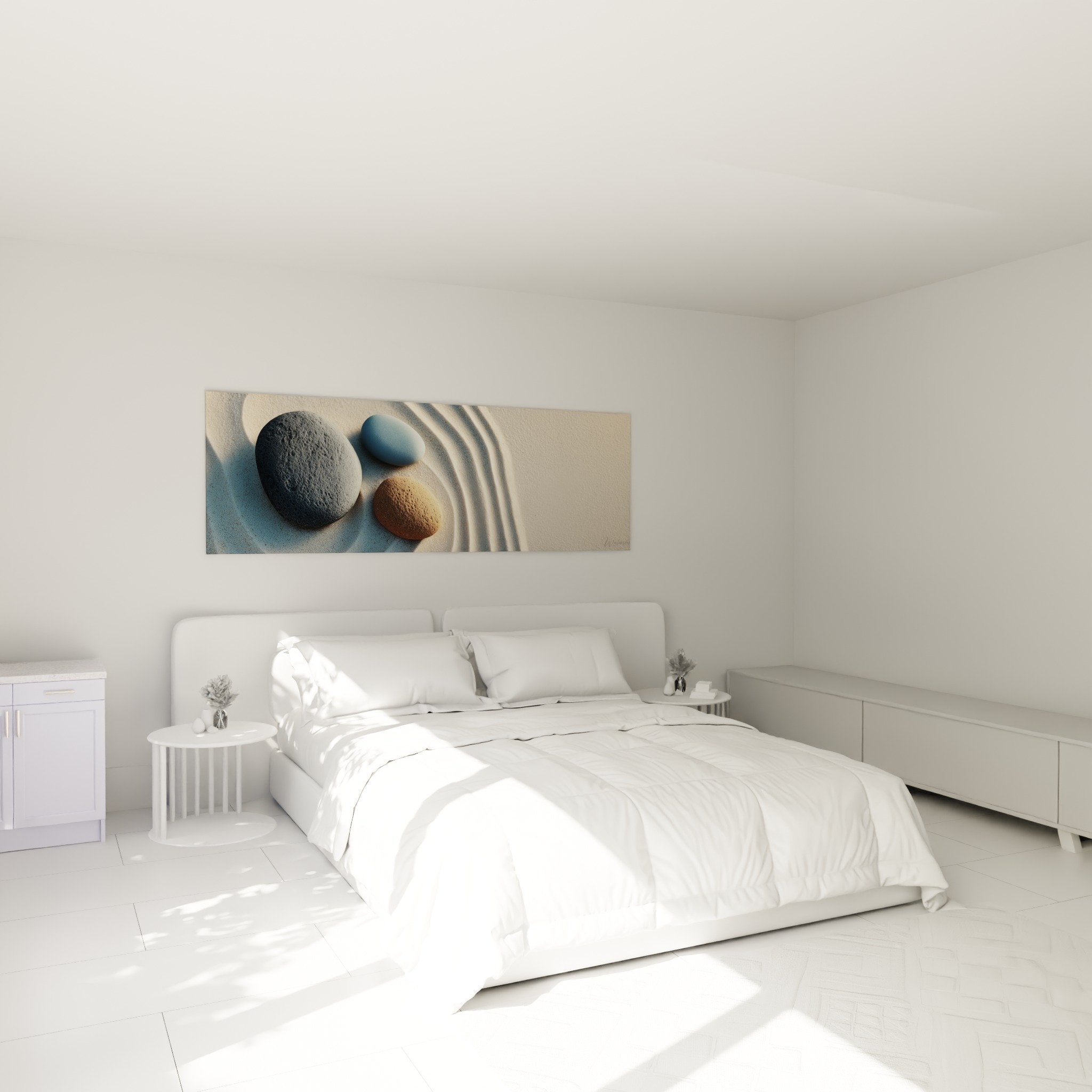 Decoration murale pierres zen dans chambre moderne ambiance apaisante tons naturels sable