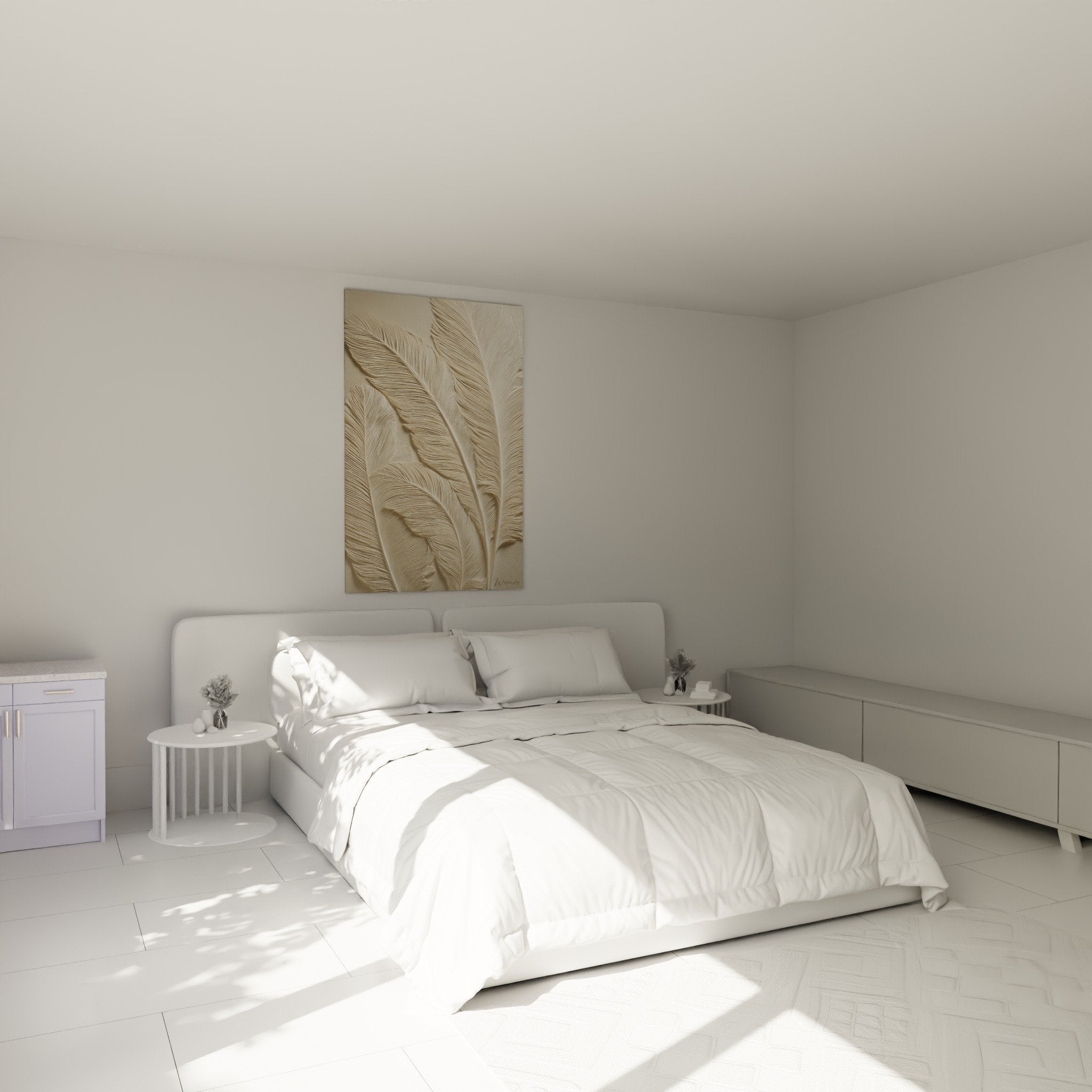 décoration chambre tableau plumes beiges relief mural végétal ambiance apaisante zen naturelle