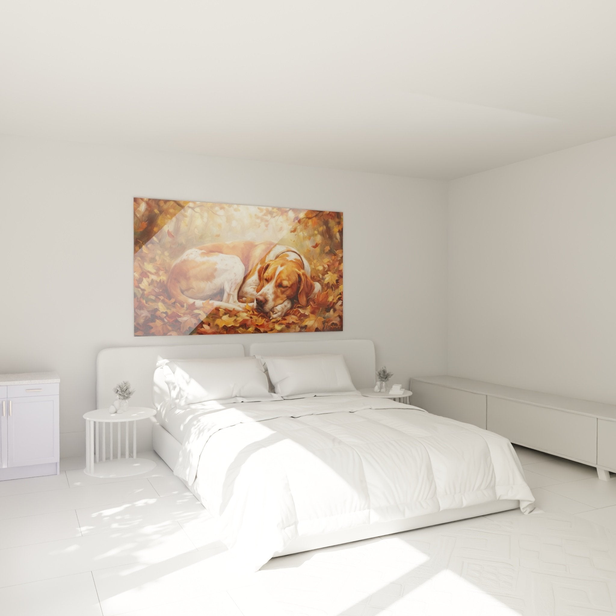 Tableau pointer anglais endormi feuilles automne decoration murale chambre ambiance chaleureuse repos