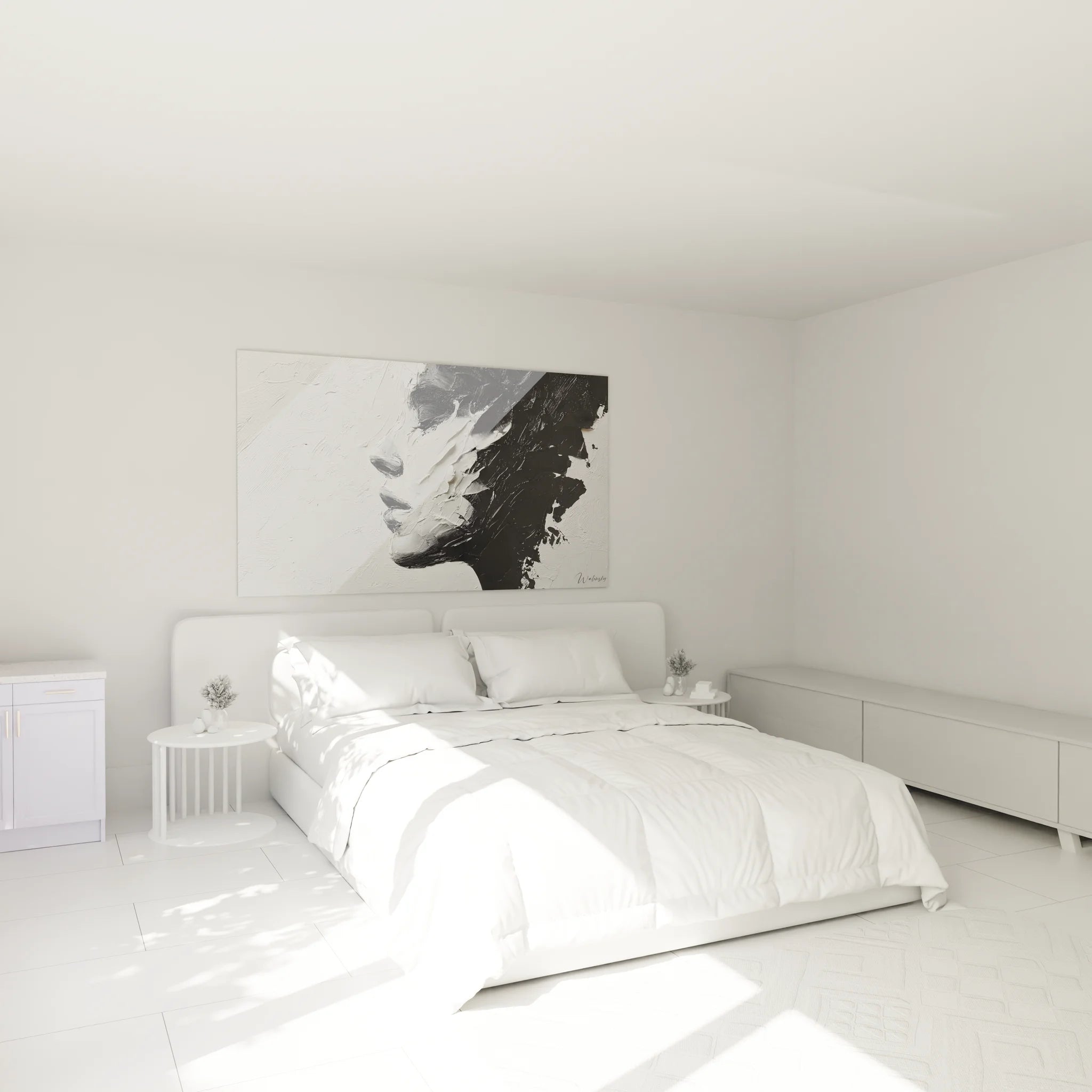Décoration chambre avec tableau portrait femme noir et blanc, ambiance moderne et apaisante