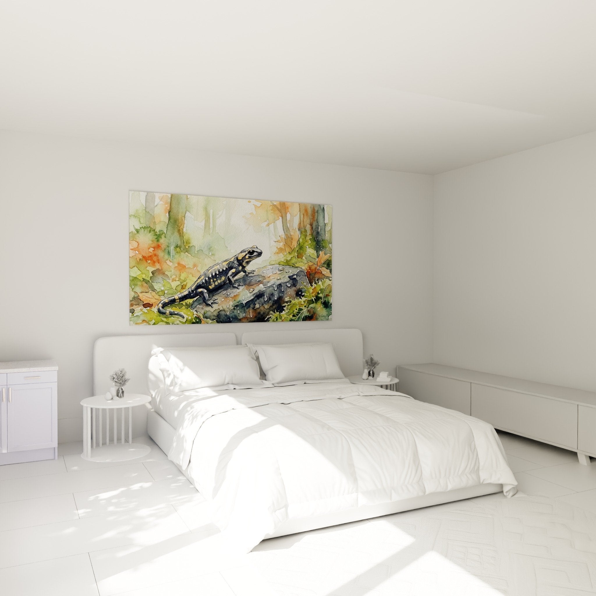 Schlafzimmer-Wanddekoration Salamander-Aquarell-Kunstdruck, beruhigende Naturatmosphäre mit Waldtönen