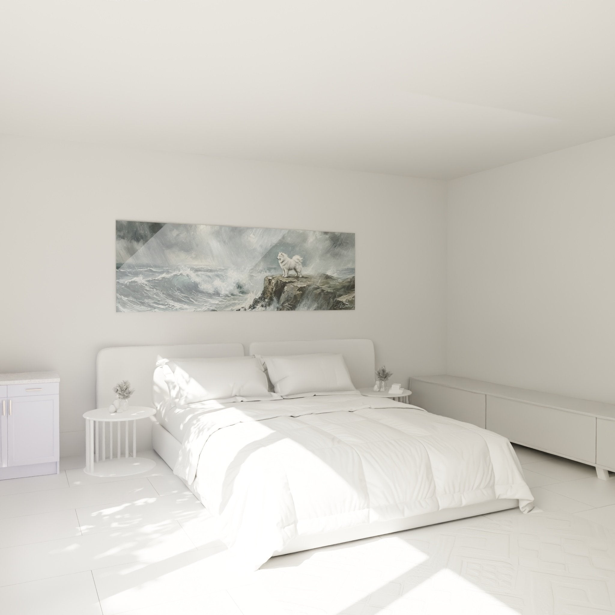 Tableau samoyede tempete oceanique decore chambre moderne ambiance sereine mur blanc tete de lit