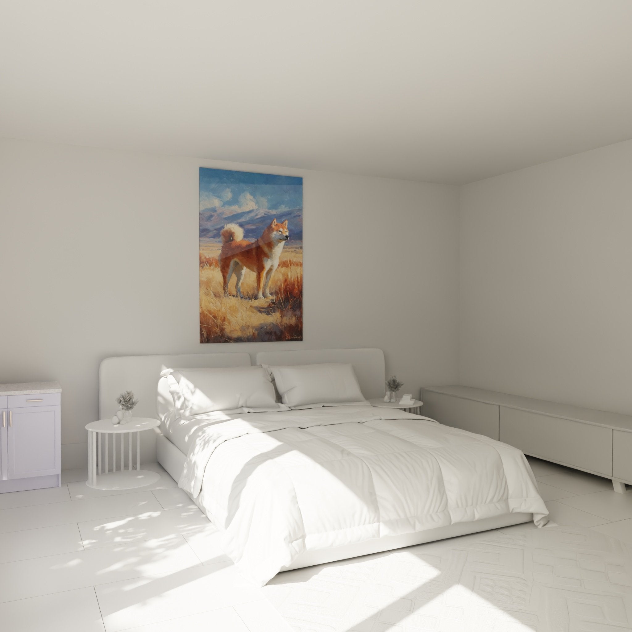Wall decoration bedroom painting red Shiba Inu in golden meadow calm natural atmosphere