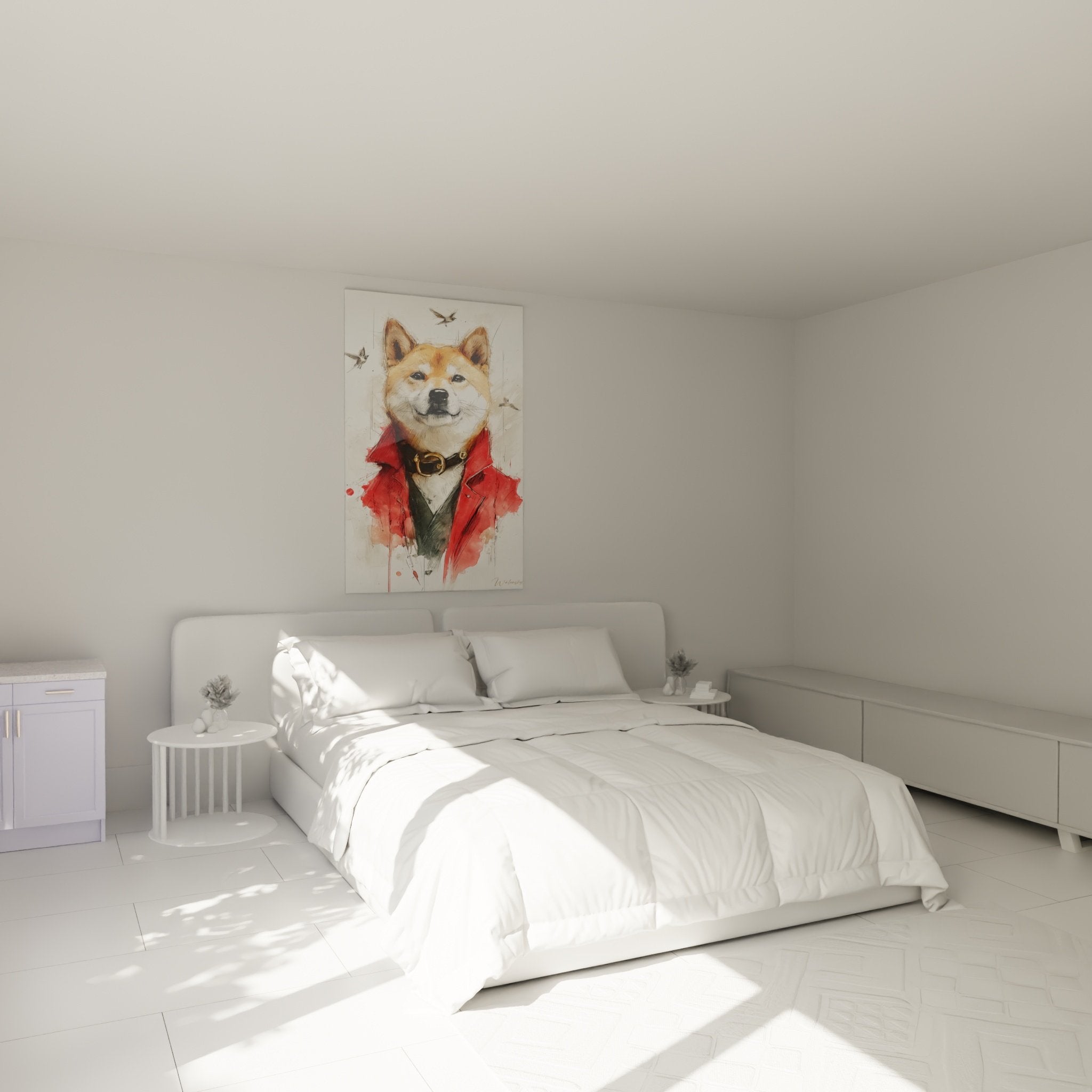 Tableau Shiba Inu aristocrate en costume rouge dans chambre decoration murale moderne