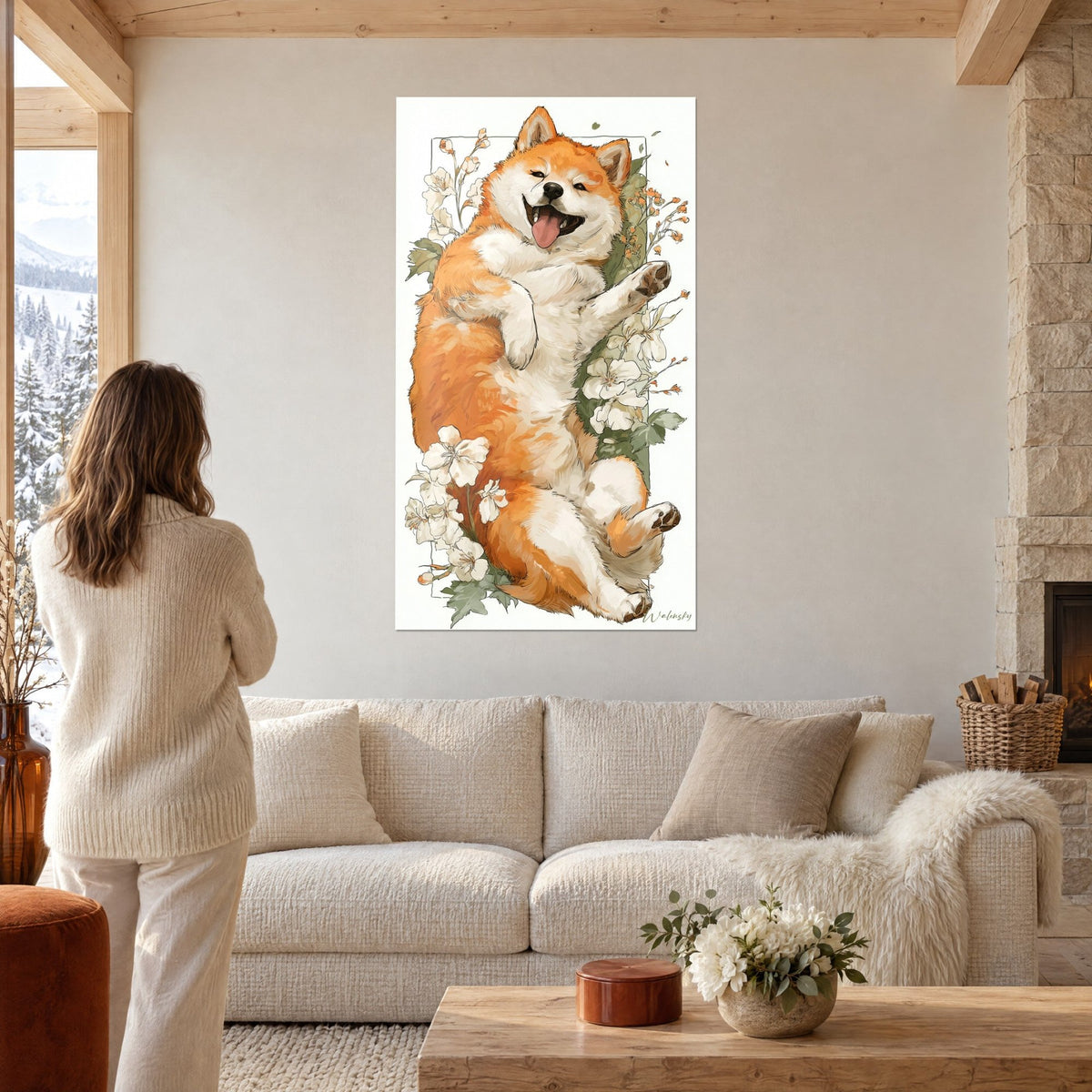 Wall art red and cream Akita dog with pink tongue on a background of white flowers, above a sofa in a bright living room