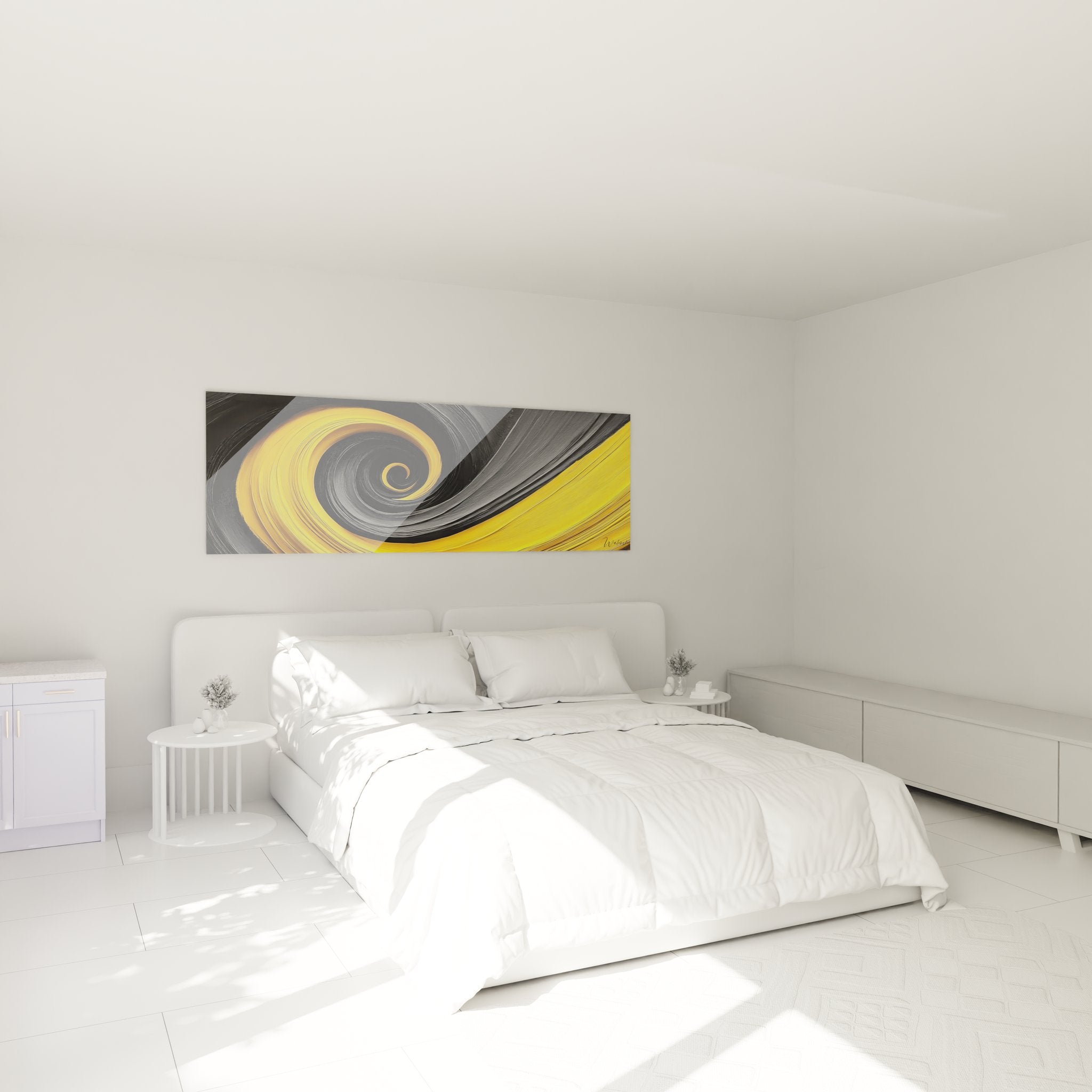 Décoration chambre tableau spirale abstraite jaune noir ambiance moderne élégante