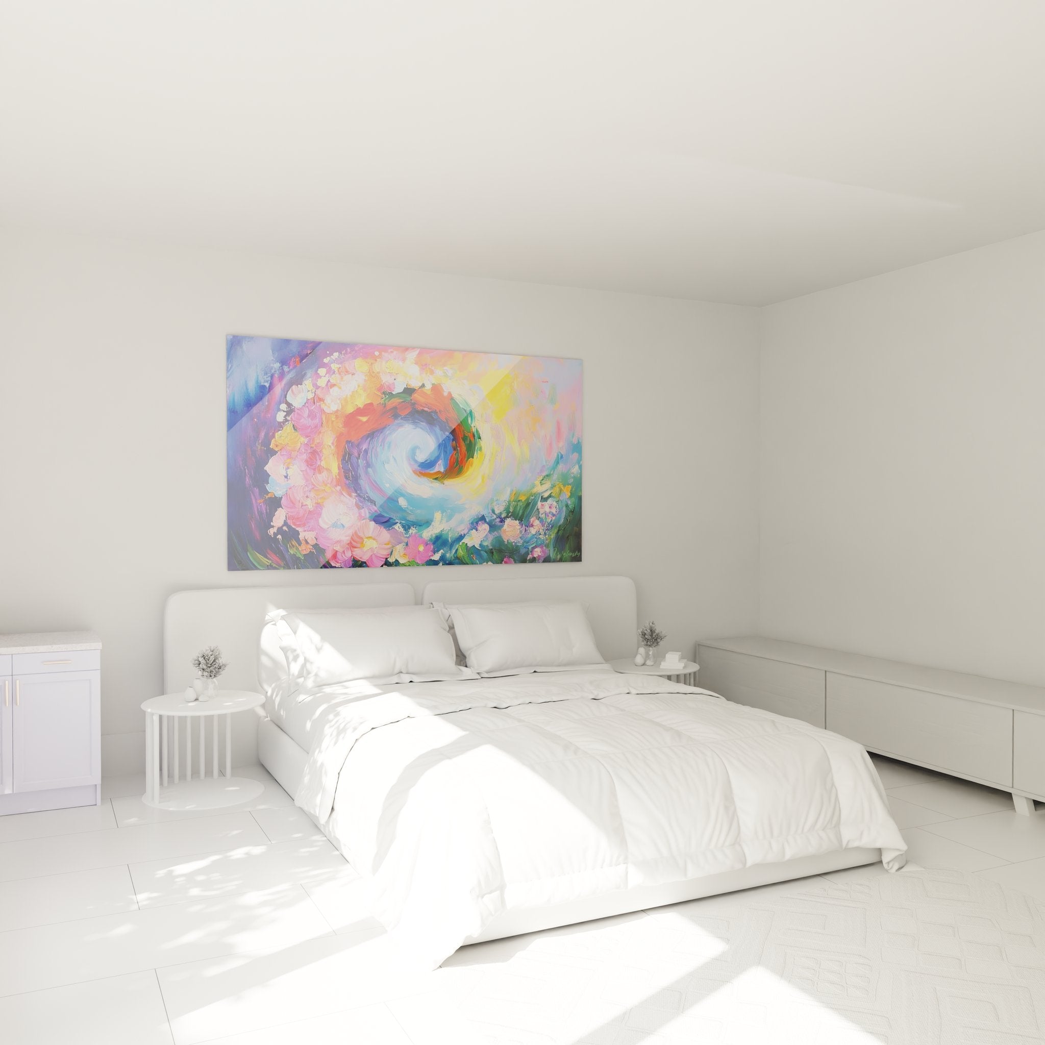 Décoration chambre avec tableau spirale florale colorée créant ambiance artistique moderne et apaisante