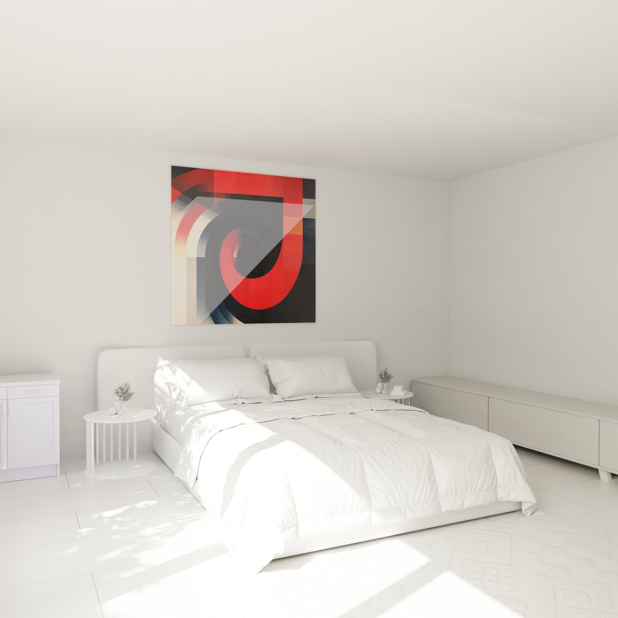 Décoration chambre tableau spirale rouge noir design moderne ambiance contemporaine élégante