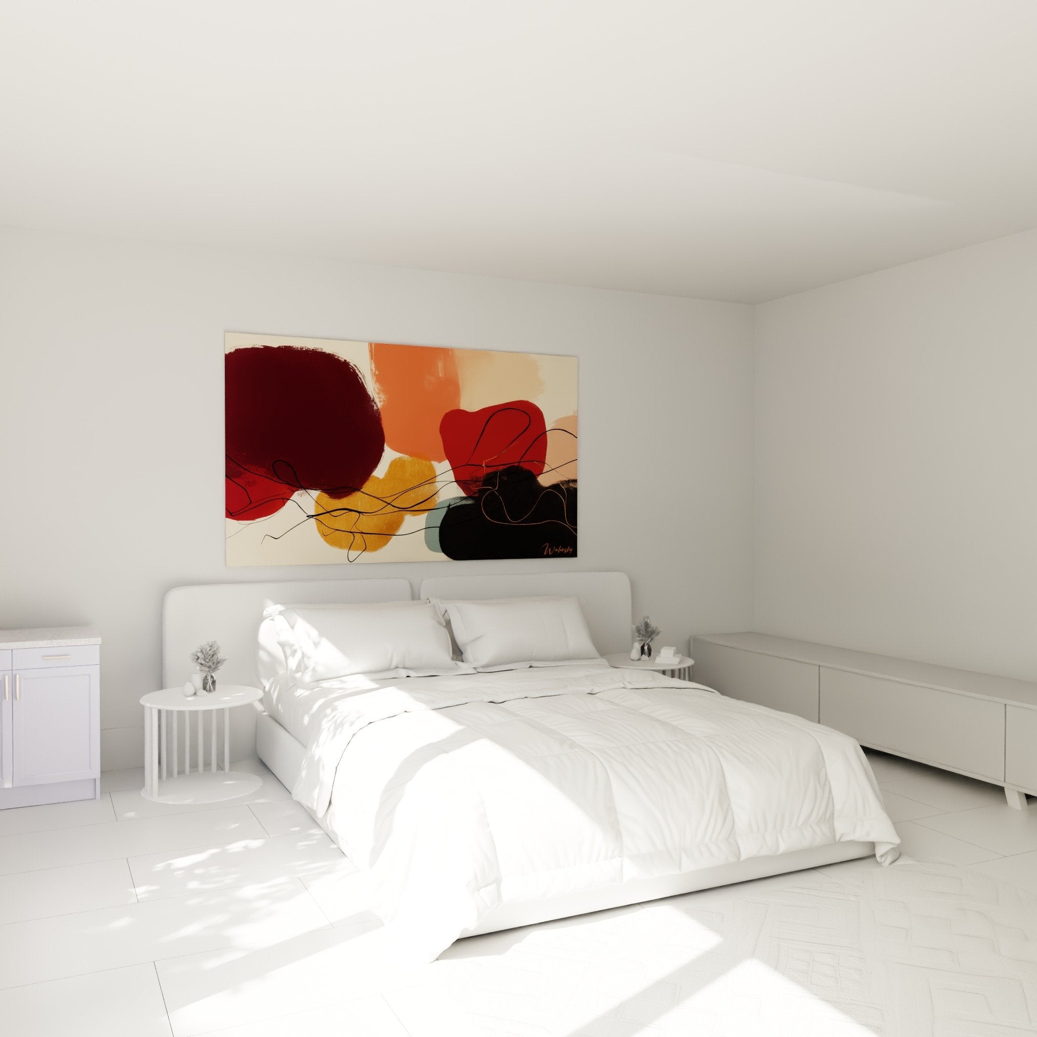 Bedroom decor with abstract burgundy orange wall art creating a warm cozy atmosphere