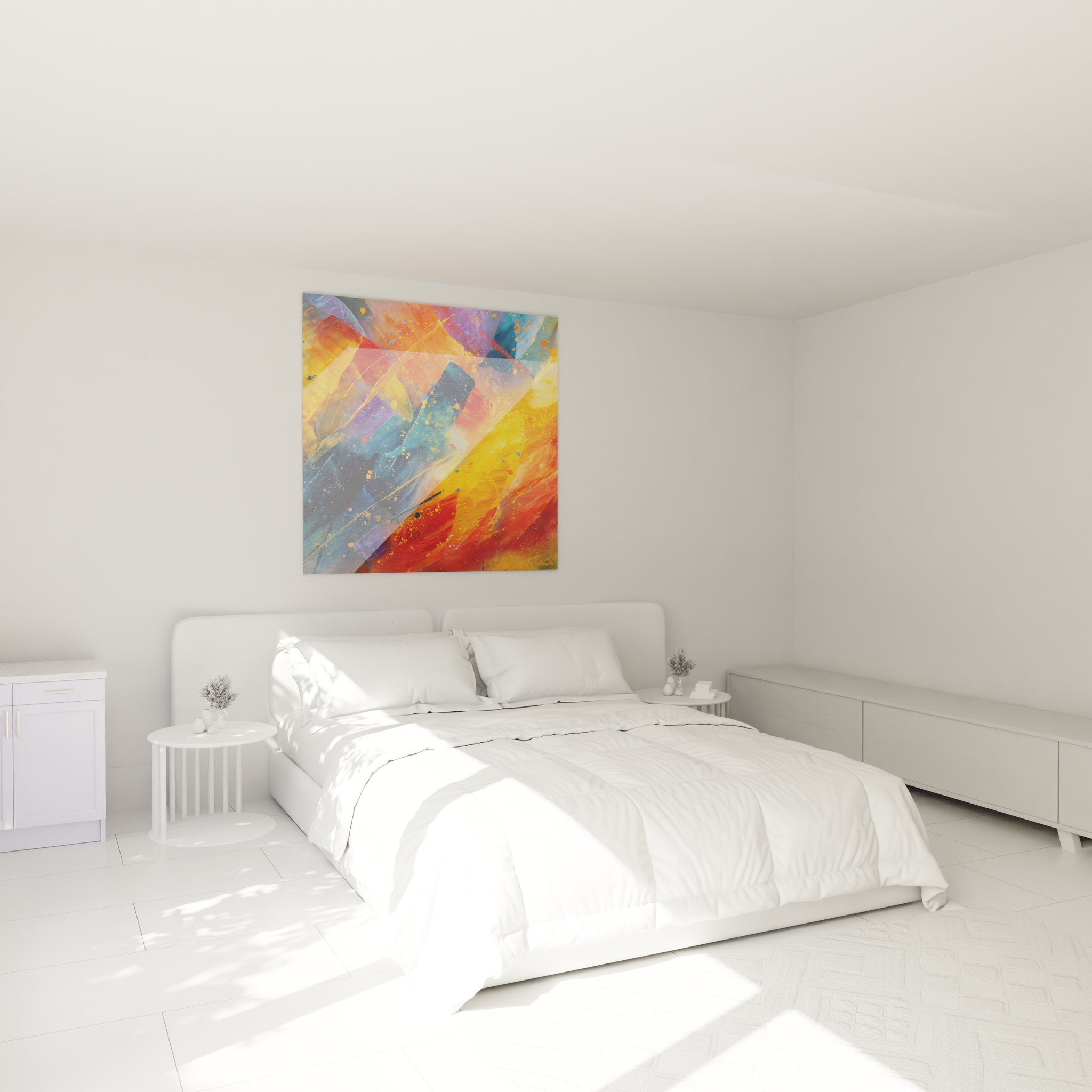 Décoration chambre tableau abstrait couleurs vives ambiance moderne peinture murale design