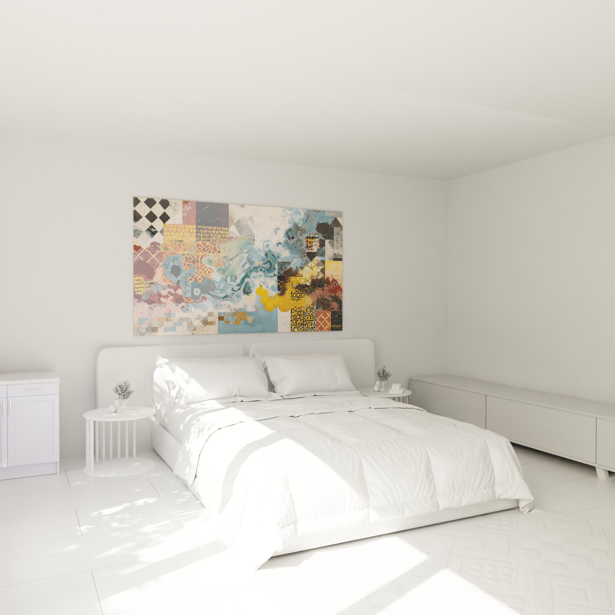 Décoration chambre avec tableau abstrait géométrique aux tons bleus et jaunes sur mur blanc