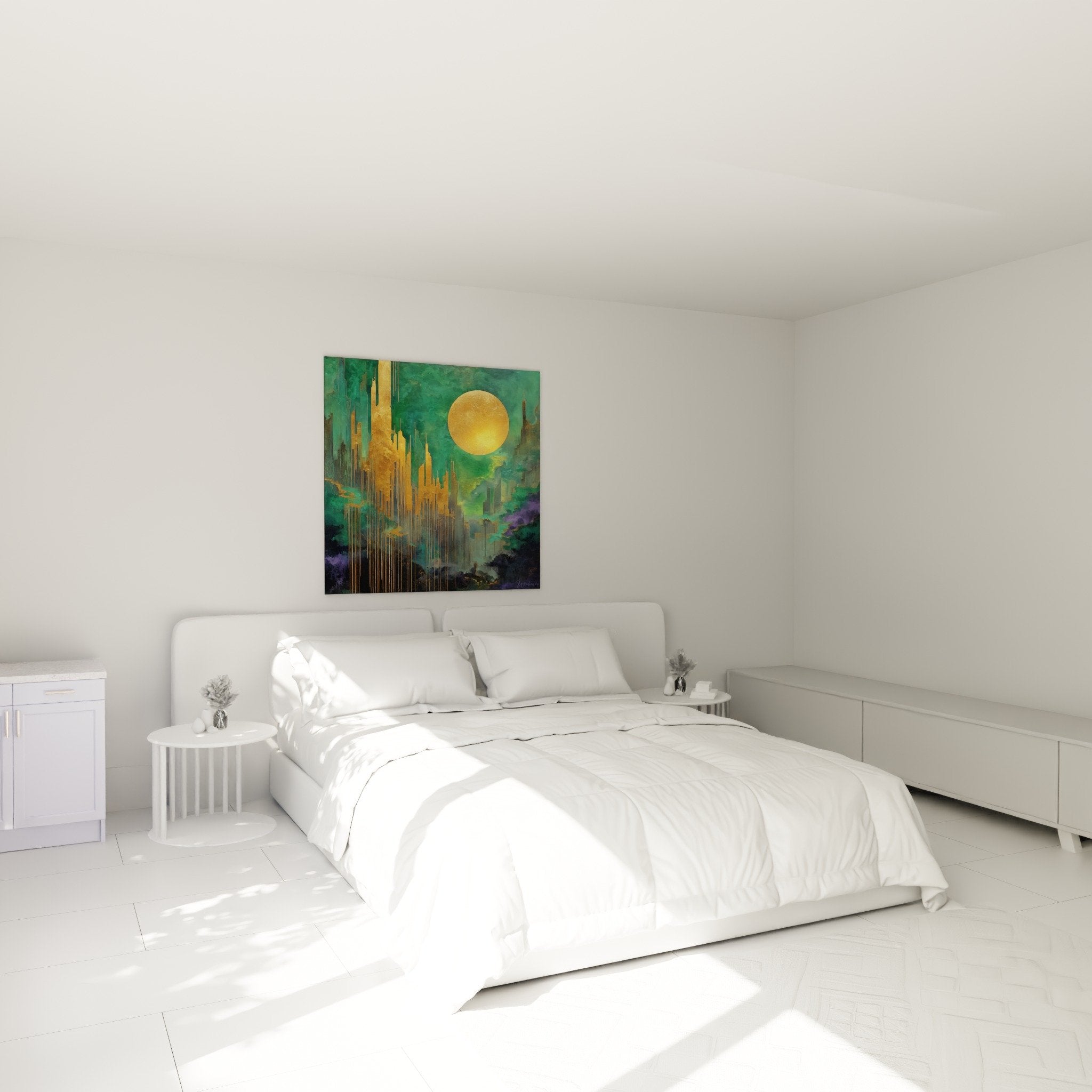 Decoration chambre tableau abstrait vert et or ambiance zen feng shui sud est bois tete de lit