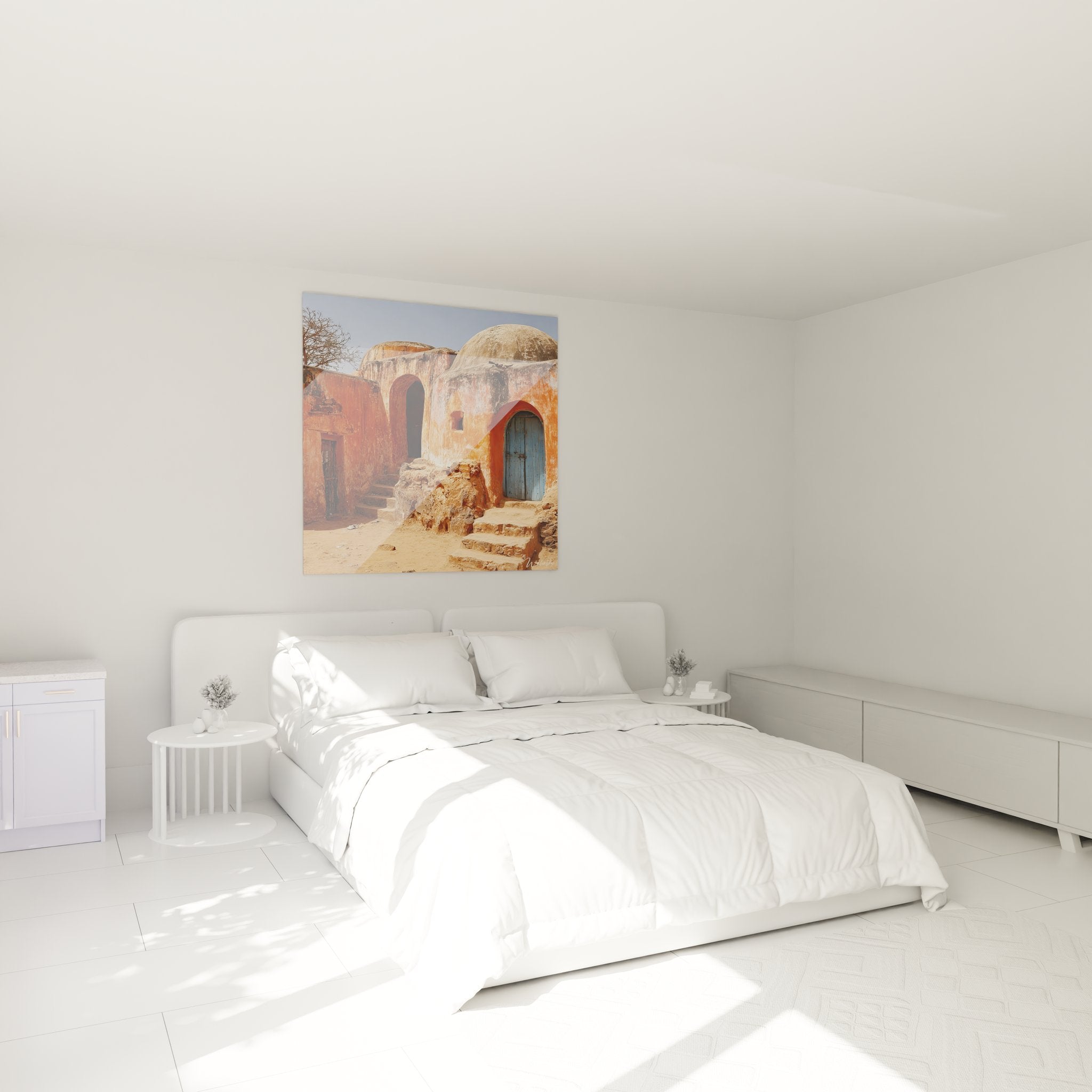 Décoration chambre tableau architecture berbère tunisienne ambiance chaleureuse tons ocre murs blancs