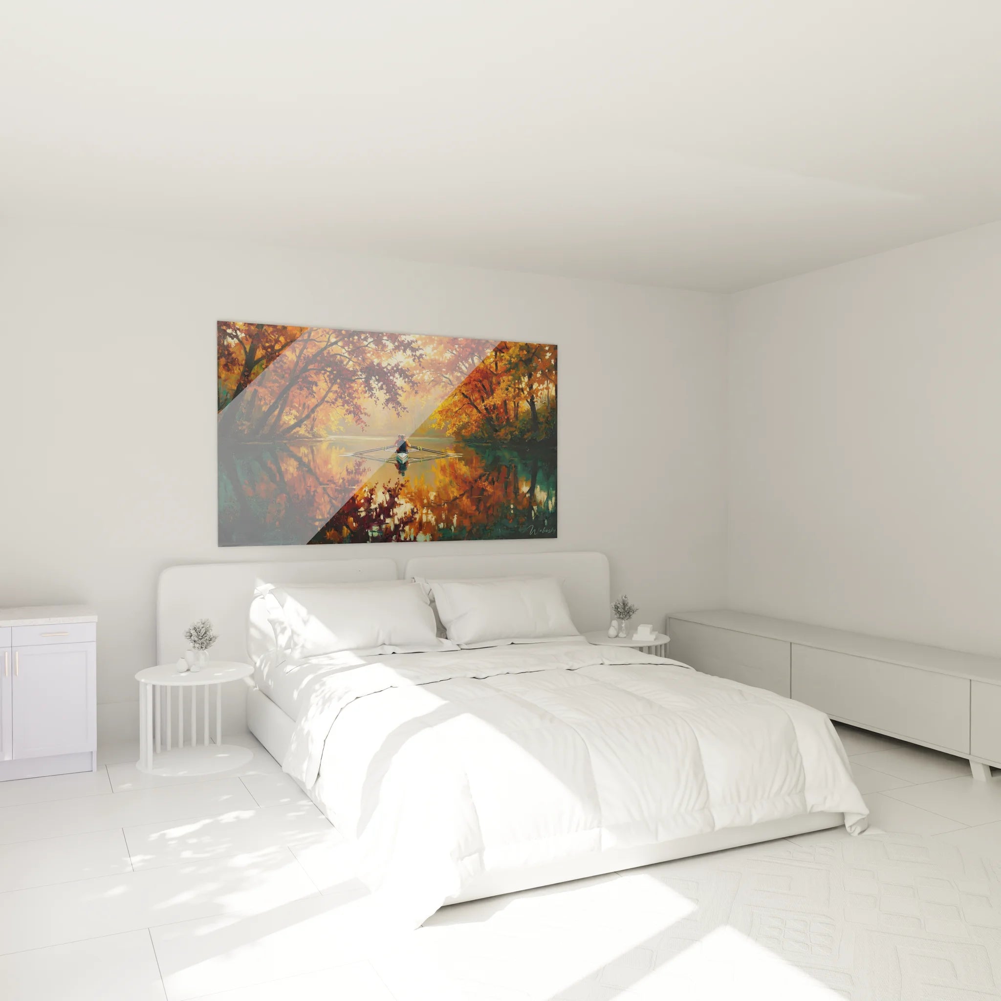 Décoration chambre avec tableau aviron automne aux tons chauds oranges et dorés dans ambiance cosy