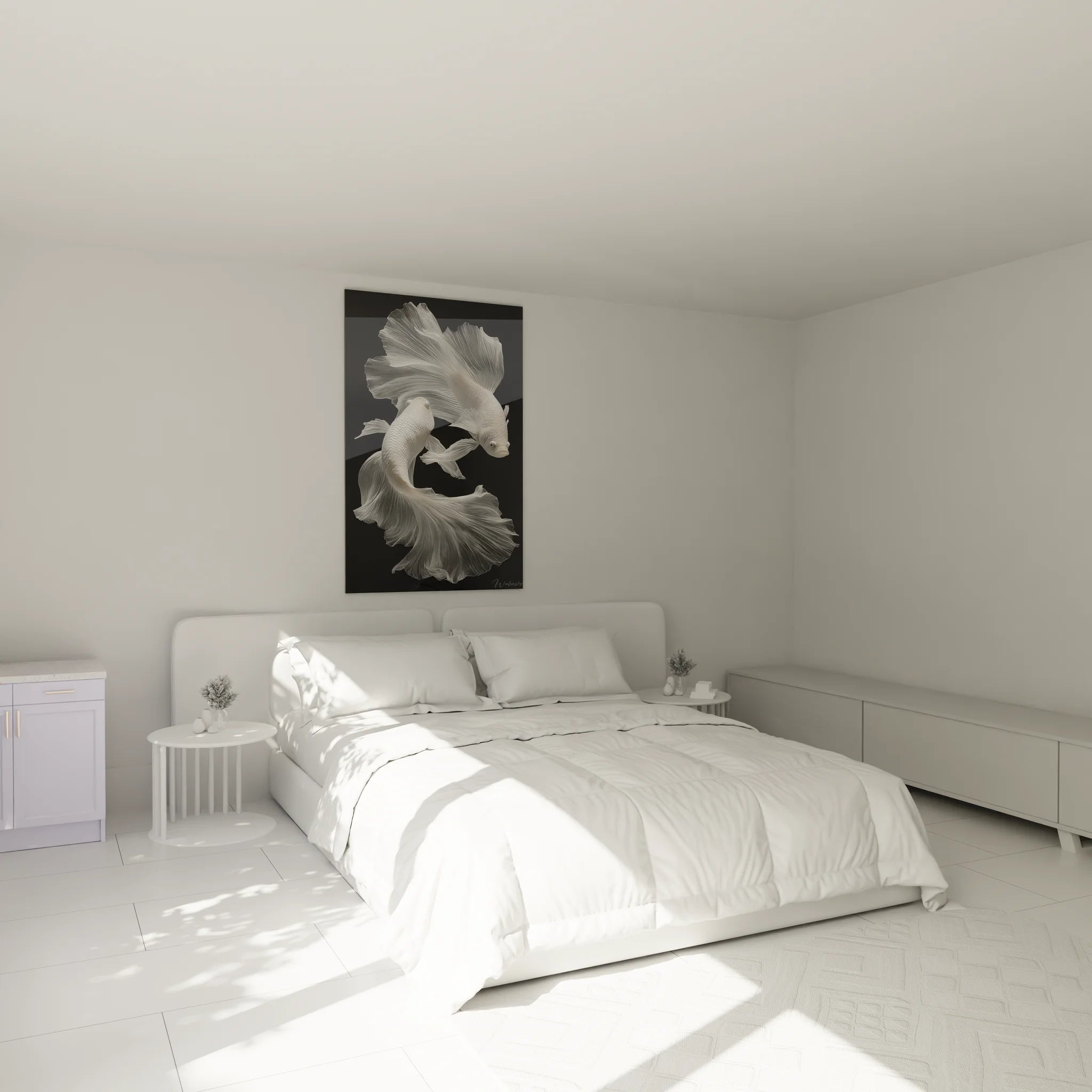 Décoration chambre avec tableau betta noir et blanc au dessus du lit