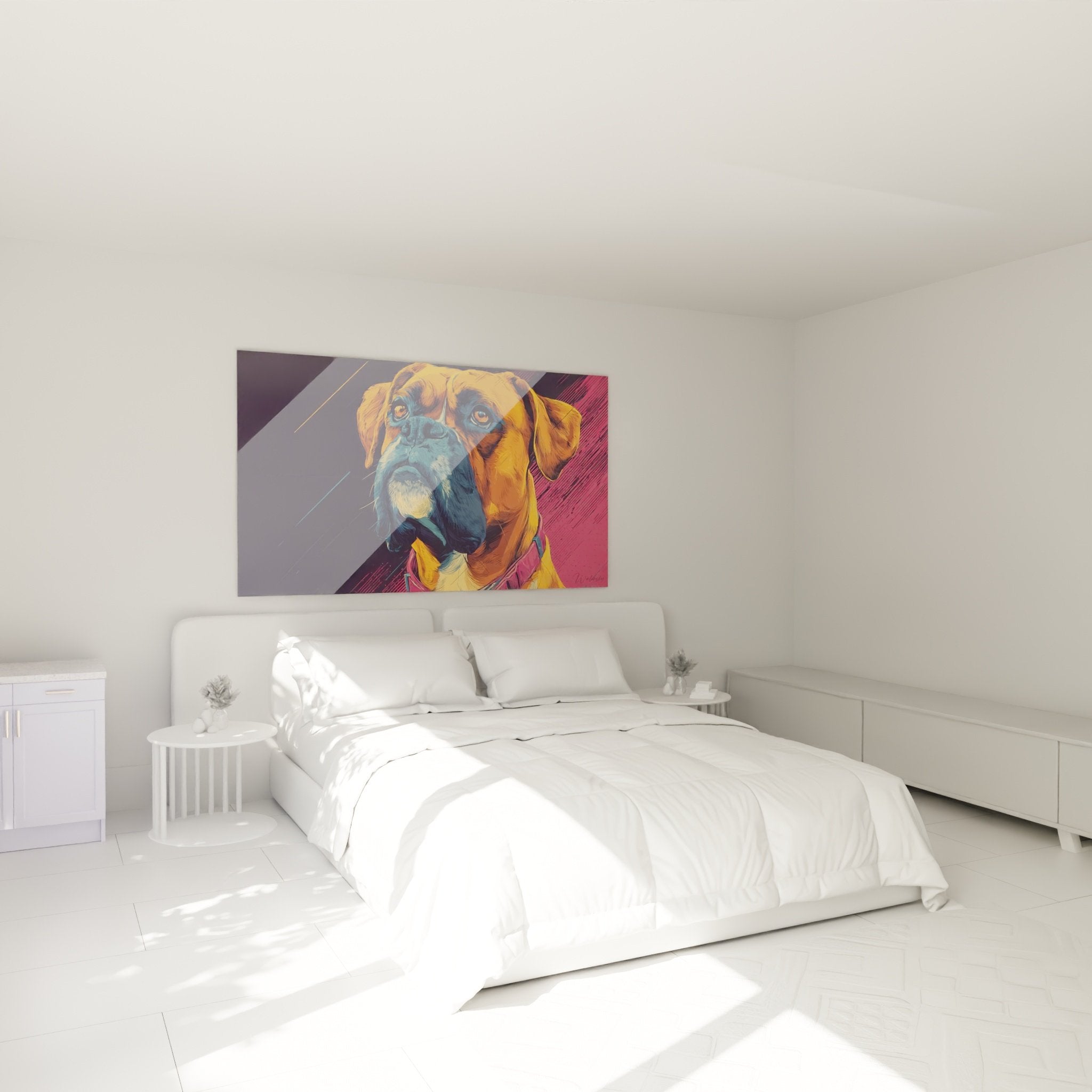 Tableau Boxer coloré accroché au-dessus d'un lit dans chambre moderne aux tons neutres