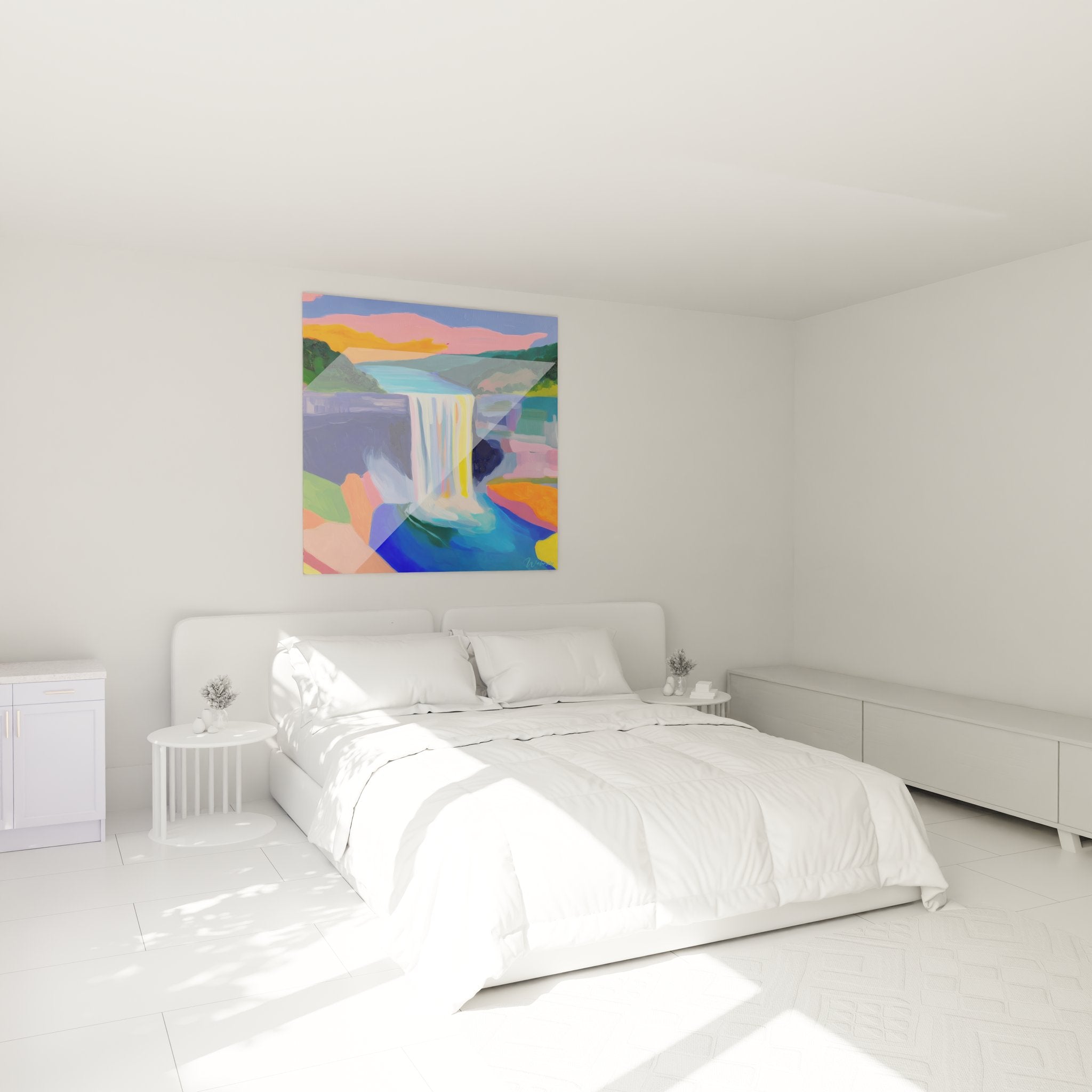 Décoration chambre avec tableau mural cascade abstraite aux couleurs vives et apaisantes