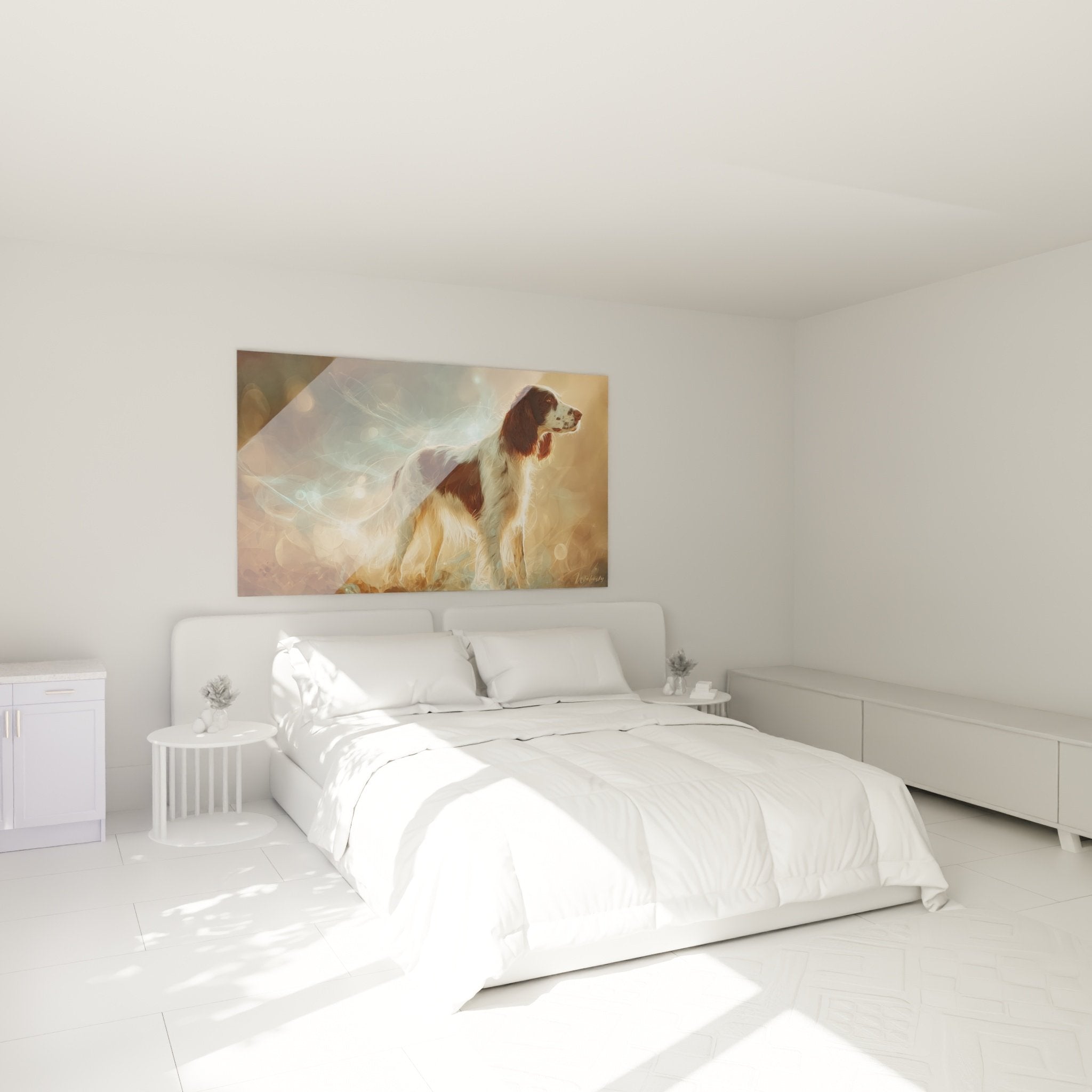 Tableau chien épagneul aux tons cuivrés décorant une chambre moderne aux murs beiges