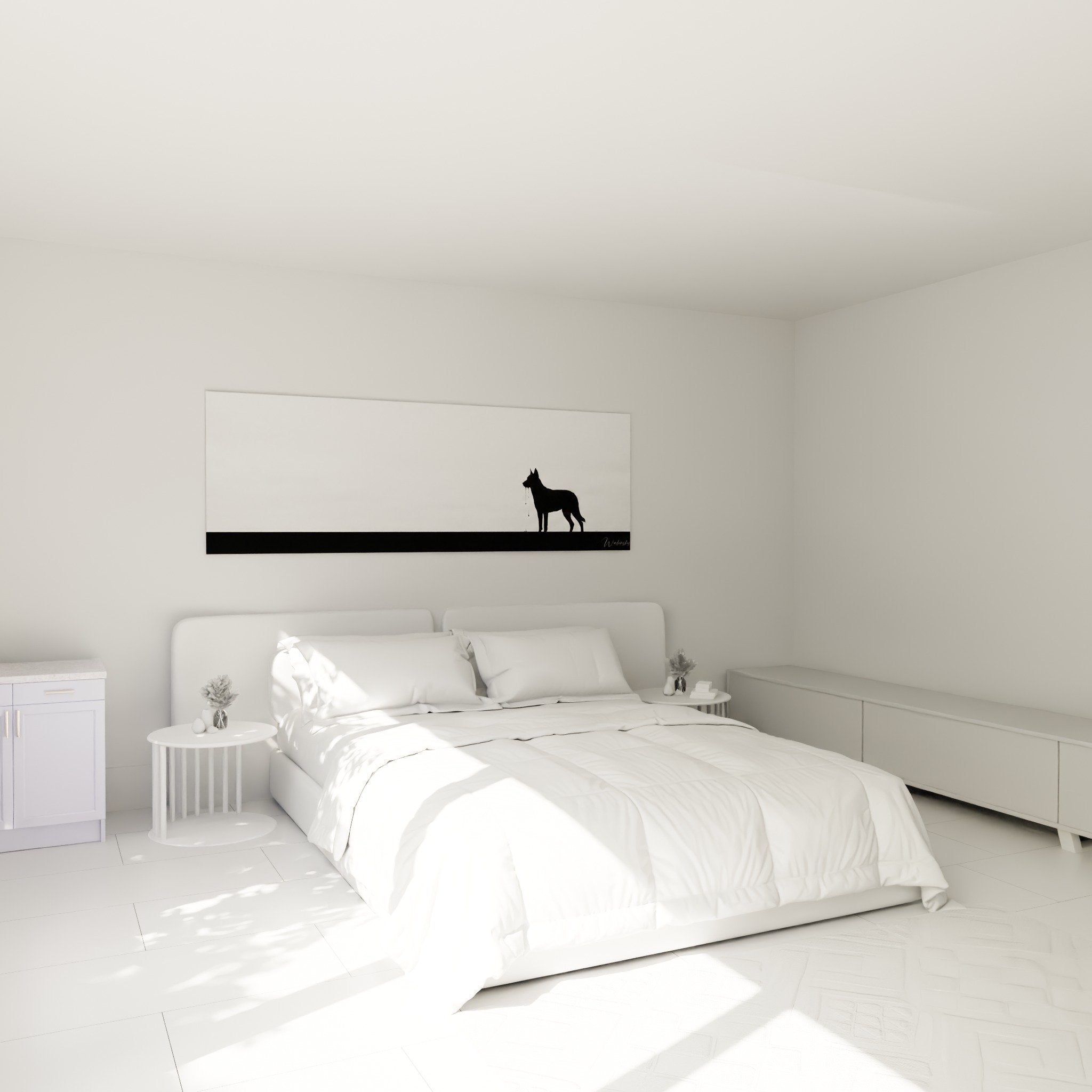 Tableau silhouette chien noir décorant chambre moderne, ambiance minimaliste, mur blanc épuré