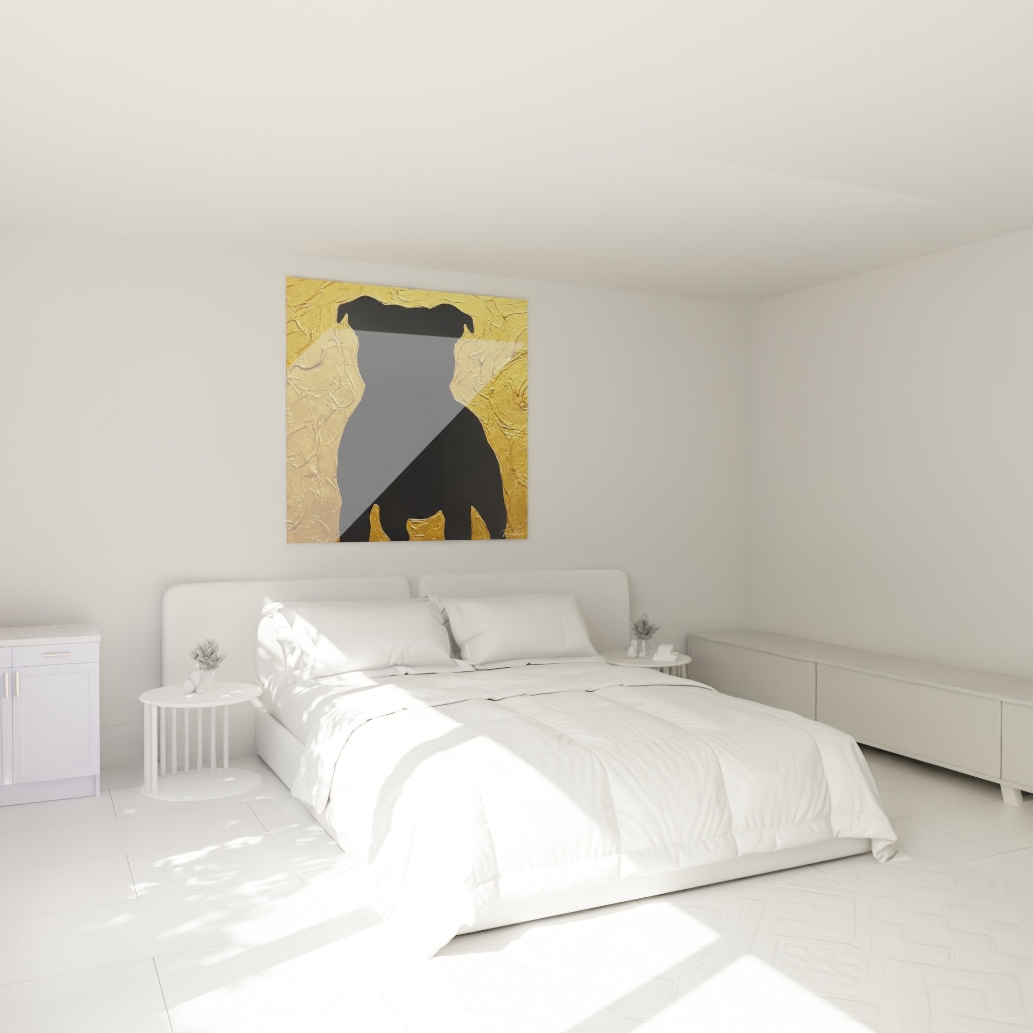 Tableau art contemporain chien silhouette noire or chambre decoration murale elegante moderne