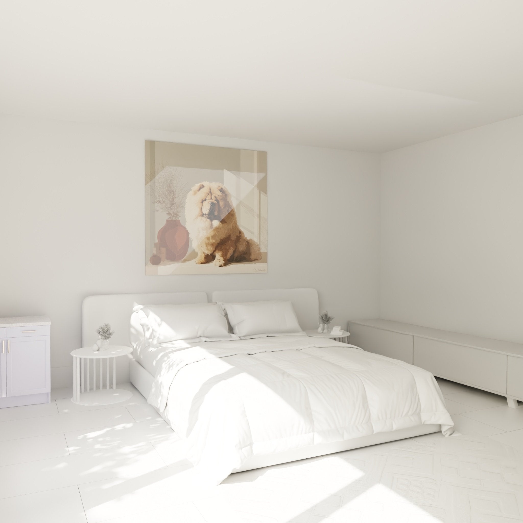 Décoration chambre avec tableau chow chow tons beiges ambiance cocooning et mobilier naturel