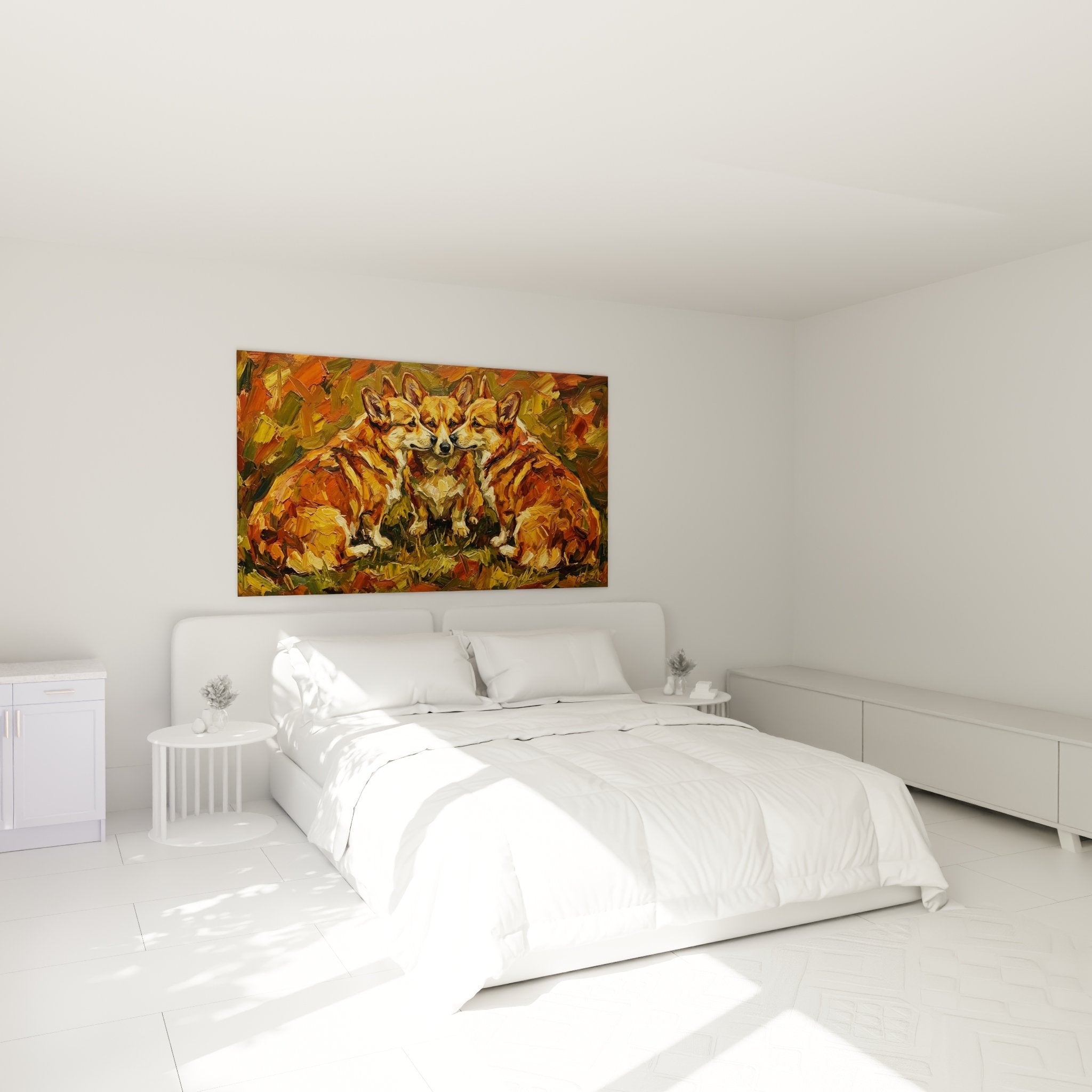Tableau trio corgis pembroke chambre decoration murale tons chauds roux orange ambiance cosy naturelle