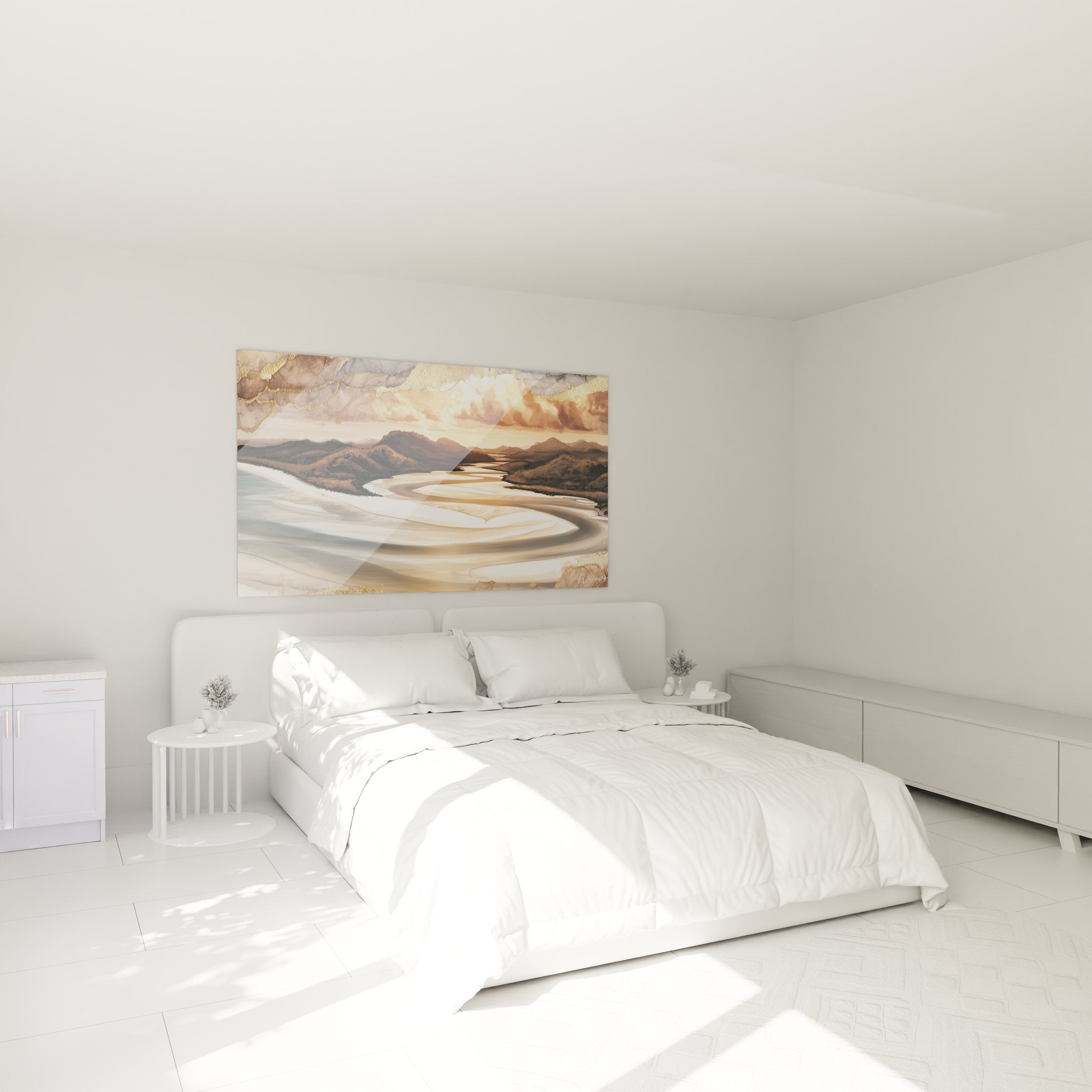 Décoration chambre avec tableau paysage côtier doré abstrait, ambiance apaisante et chaleureuse