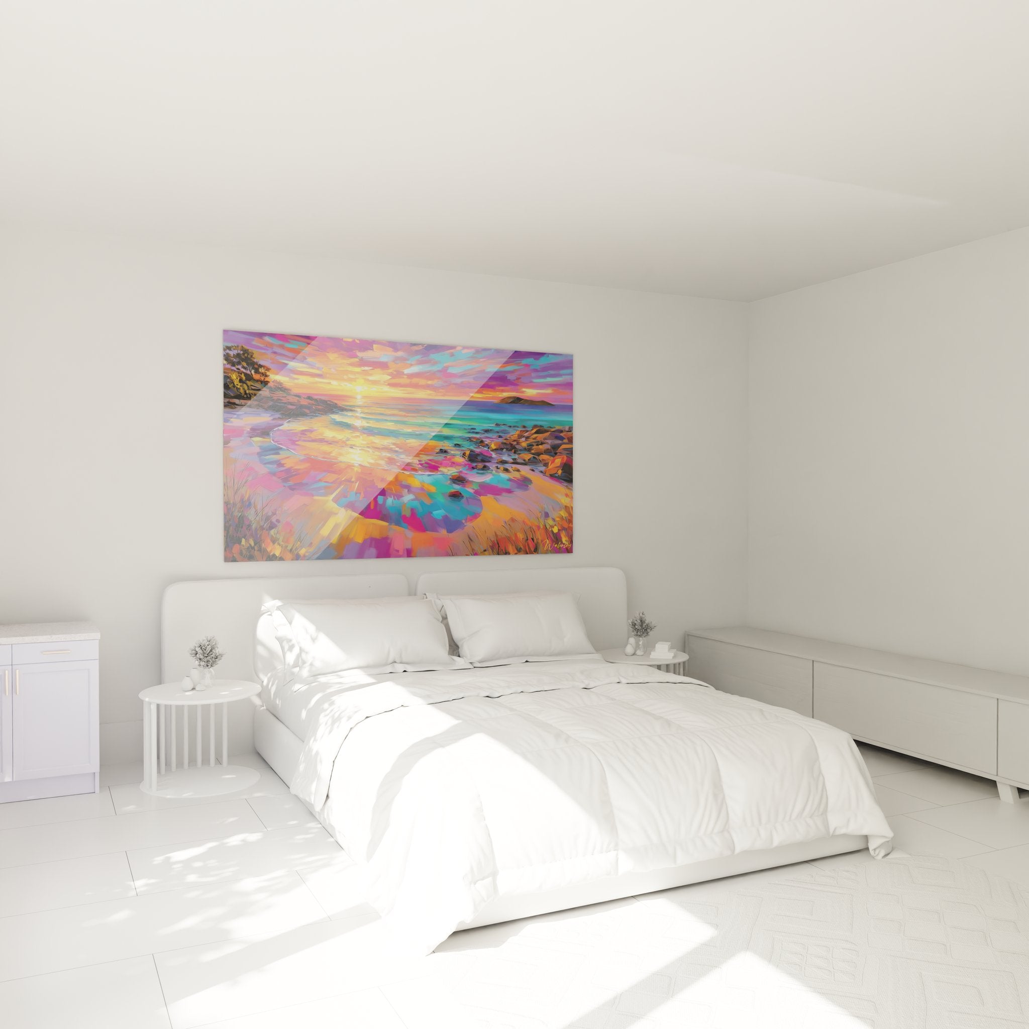 Décoration chambre avec tableau coucher de soleil plage aux couleurs vives modernes