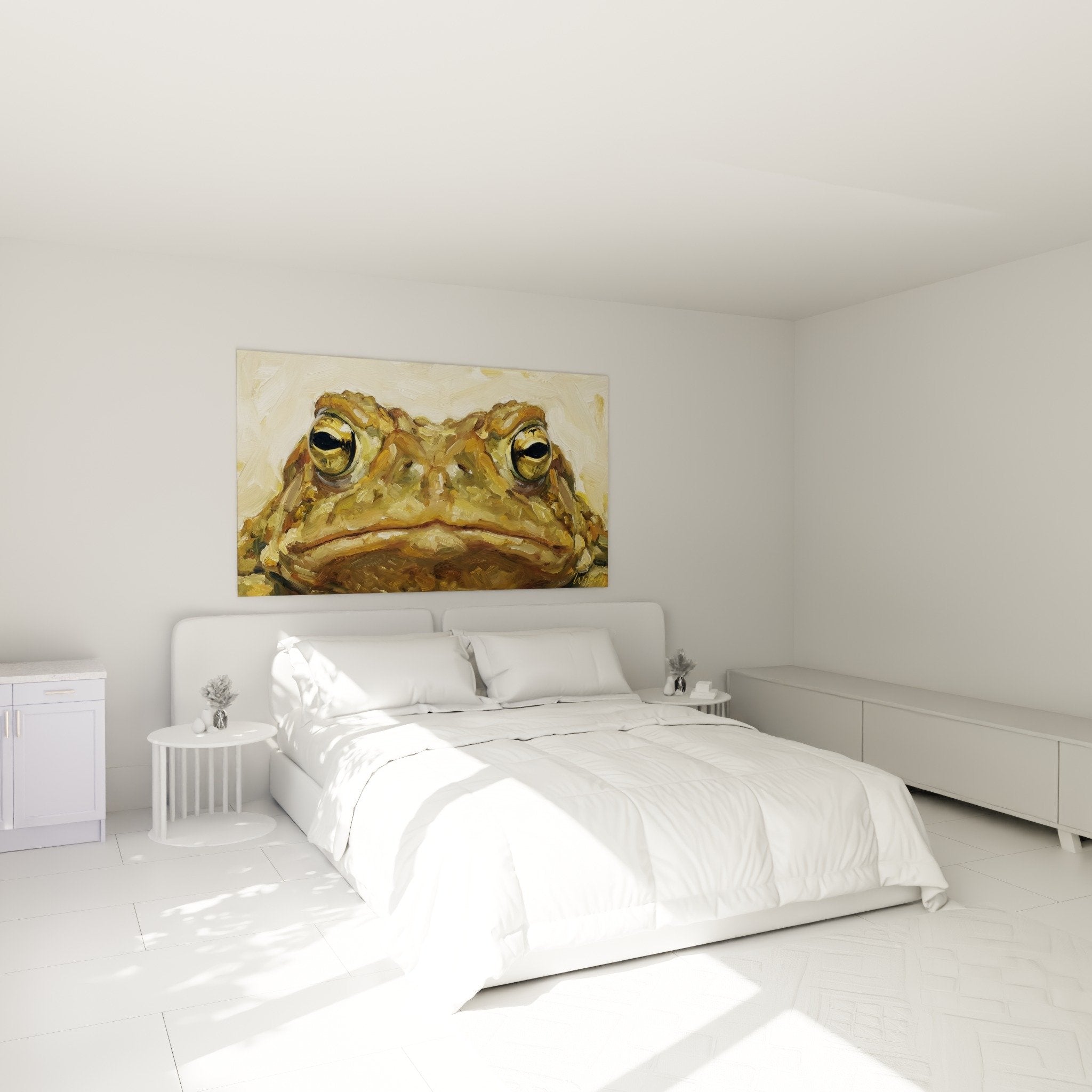 Kröten-Porträtgemälde in modernem Schlafzimmer, Wanddekoration in Erdtönen, beruhigende natürliche Atmosphäre