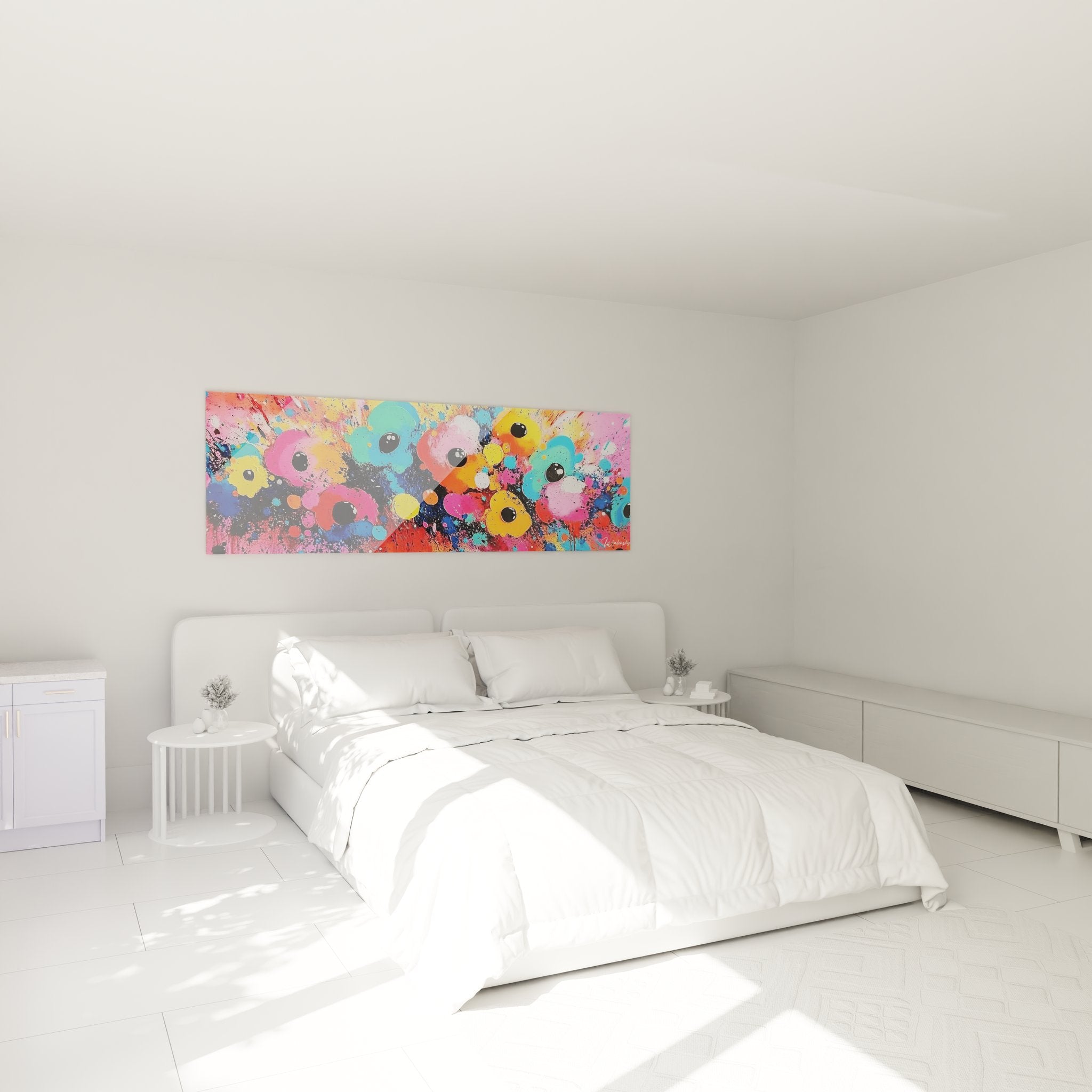 Décoration chambre tableau créatures colorées yeux expressifs ambiance art contemporain mural coloré