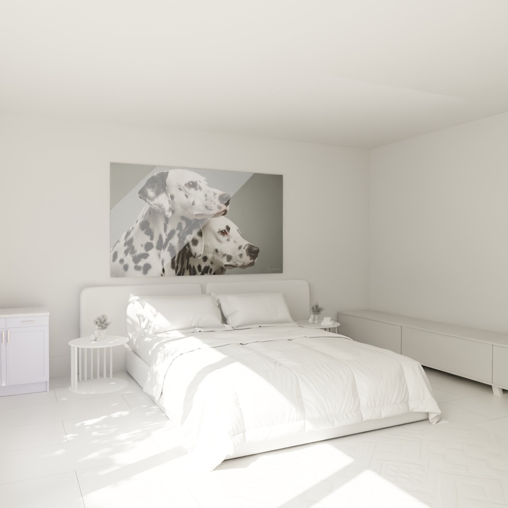 Dalmatiner-Duo-Gemälde dekoriert modernes Schlafzimmer an weißer Wand
