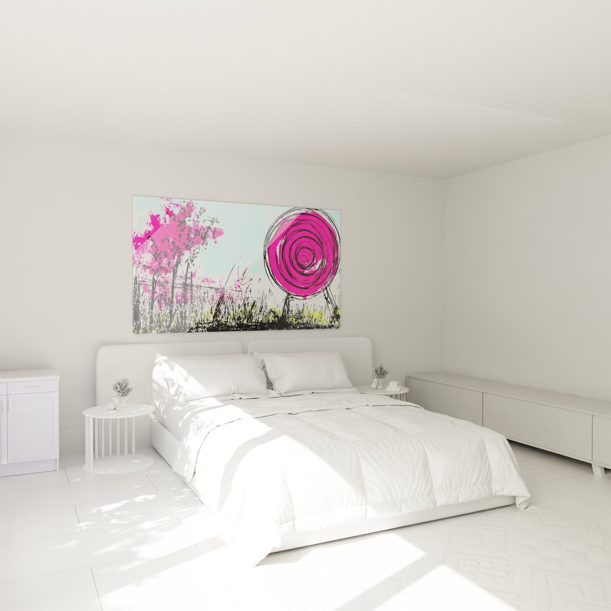 Décoration chambre avec tableau dessin moderne paysage abstrait rose dans ambiance cosy et contemporaine