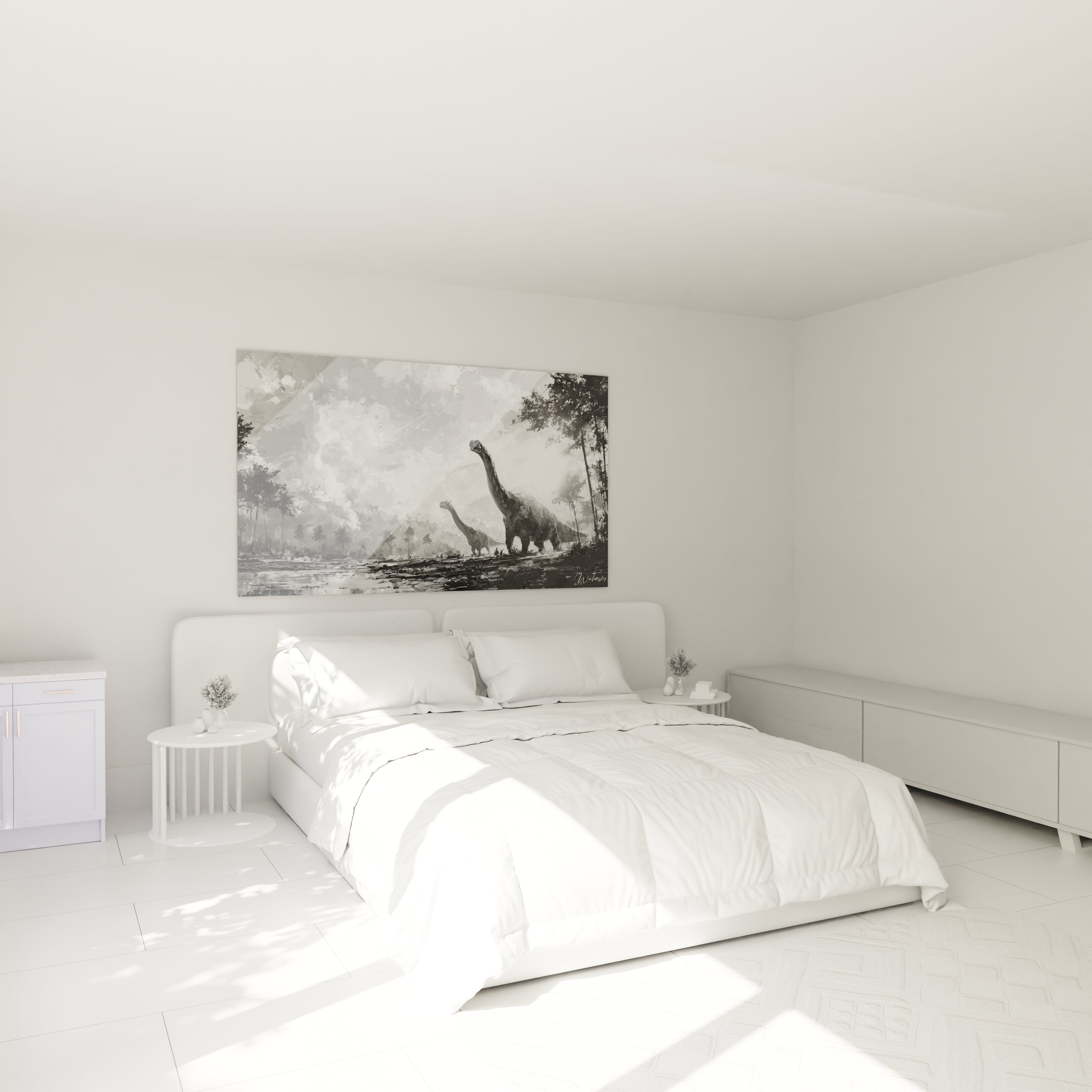 Décoration chambre avec tableau mural diplodocus noir et blanc ambiance vintage dinosaure