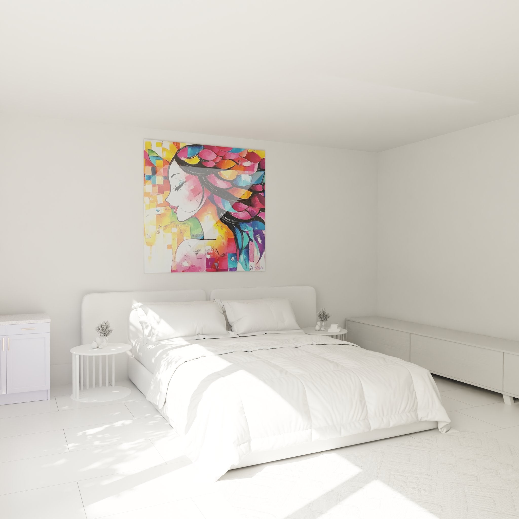 Décoration chambre avec tableau femme abstrait multicolore aux cheveux colorés sur mur