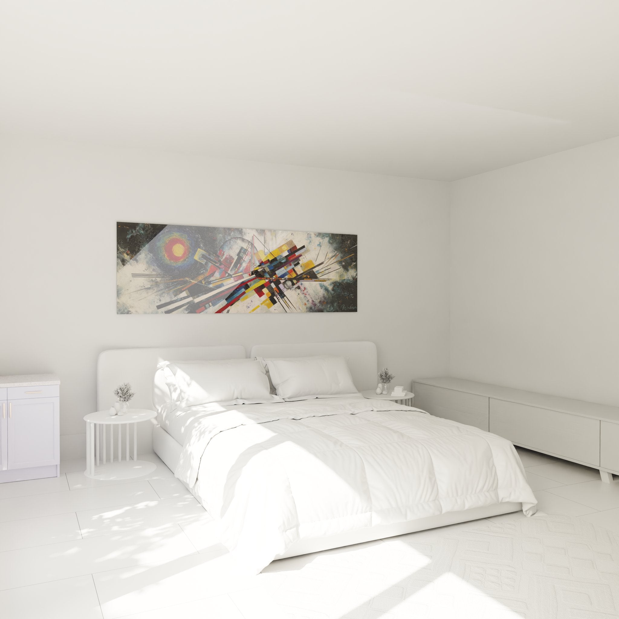 Décoration chambre moderne avec tableau géométrique abstrait aux couleurs vives et formes dynamiques