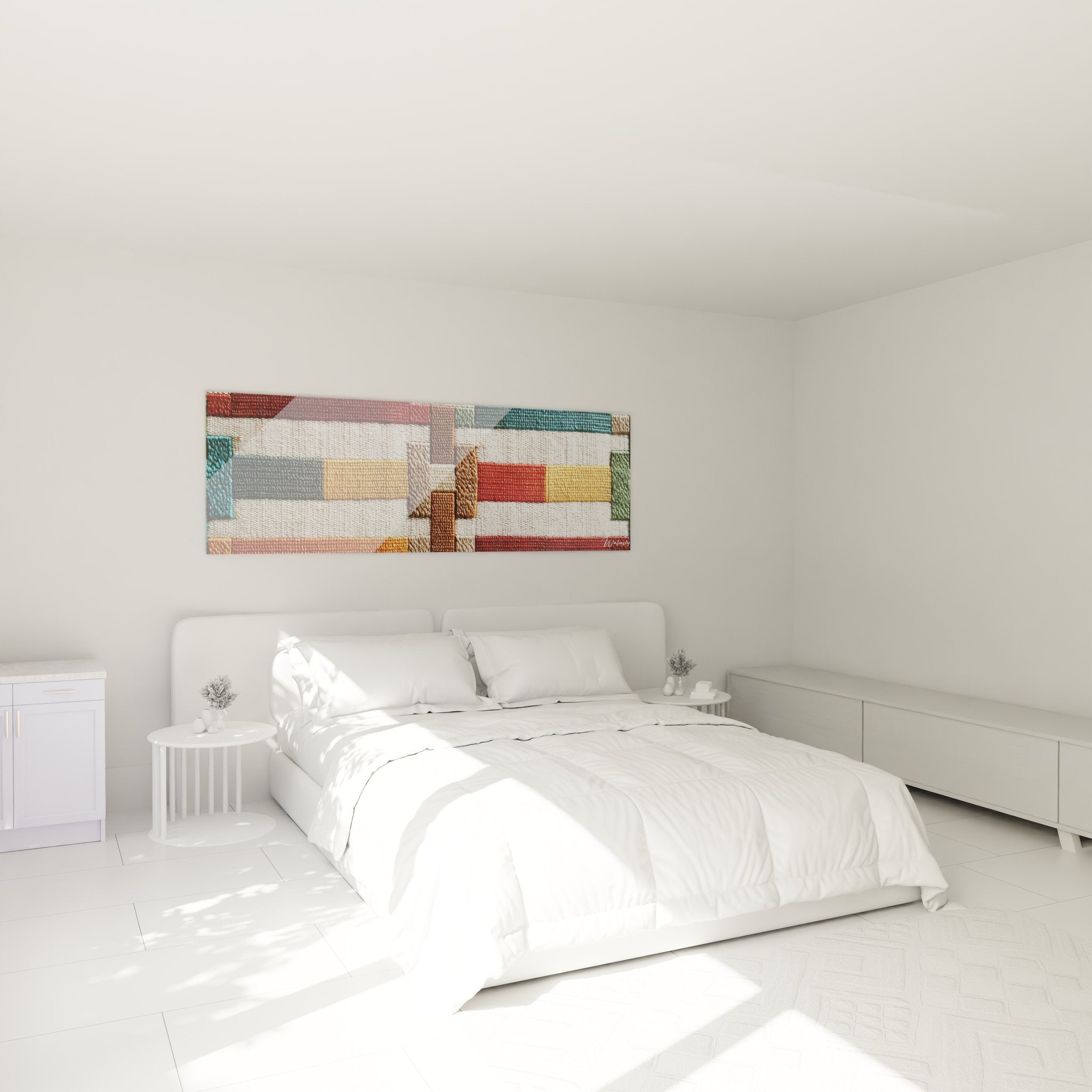 Décoration murale chambre avec tableau géométrique tissu d'Afrique aux tons chauds et froids