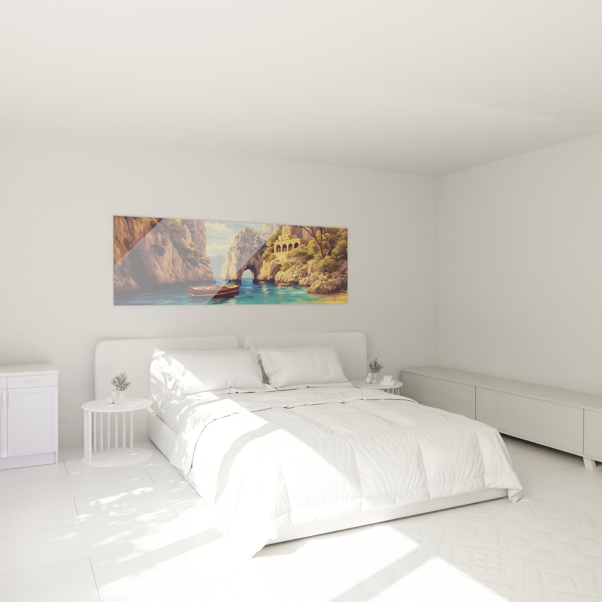 Décoration murale chambre tableau grotte naturelle marine avec bateau en bois dans paysage côtier