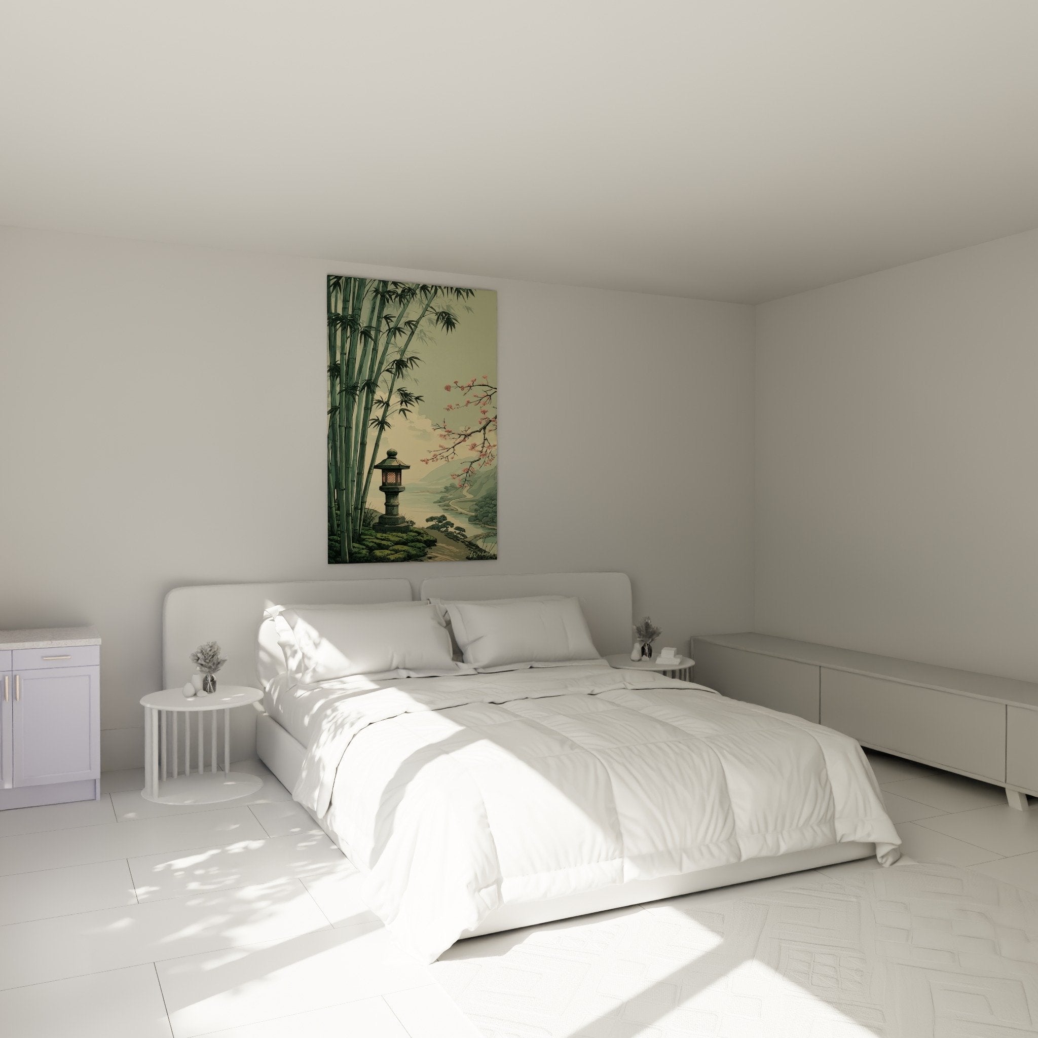 Bedroom decoration with Japanese landscape painting lantern and bamboo soothing green and pink tones